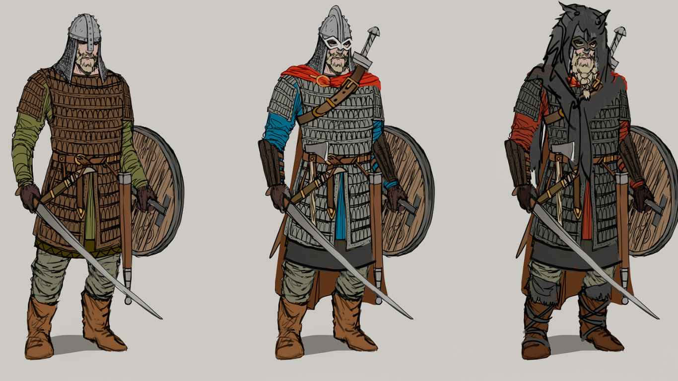 《全面戰爭：阿提拉》1366x768背景圖——劍與盾牌騎士模型 壁紙 — 三位插圖風格的中世紀戰士，身穿精細盔甲，各持劍與盾牌，並排站立在純色背景前。