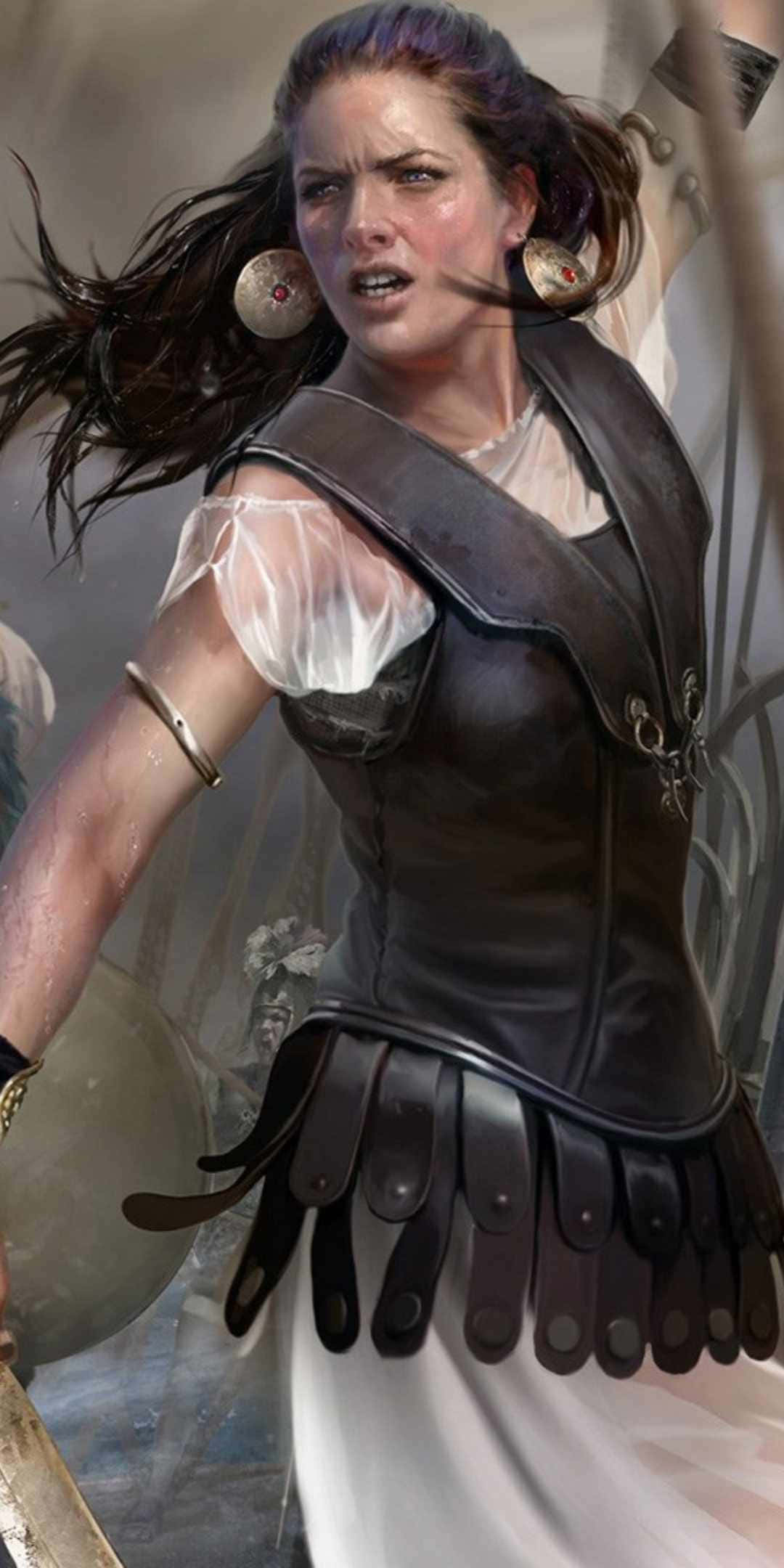 《全面戰爭：阿提拉》在 Pixel 3 上的經典戰鬥場景壁紙 壁紙 — 一位兇猛的女戰士，黑髮皮甲，帶著堅定的表情向前衝鋒。