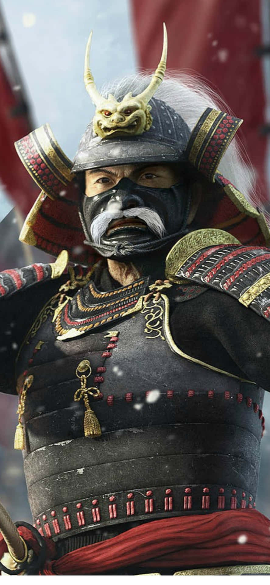身穿精細鎧甲的武士戰士站在雪中