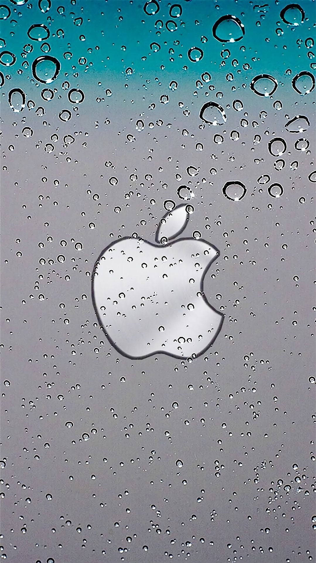 透過玻璃上的水滴觀看Apple標誌，帶有青綠色和灰色漸變。