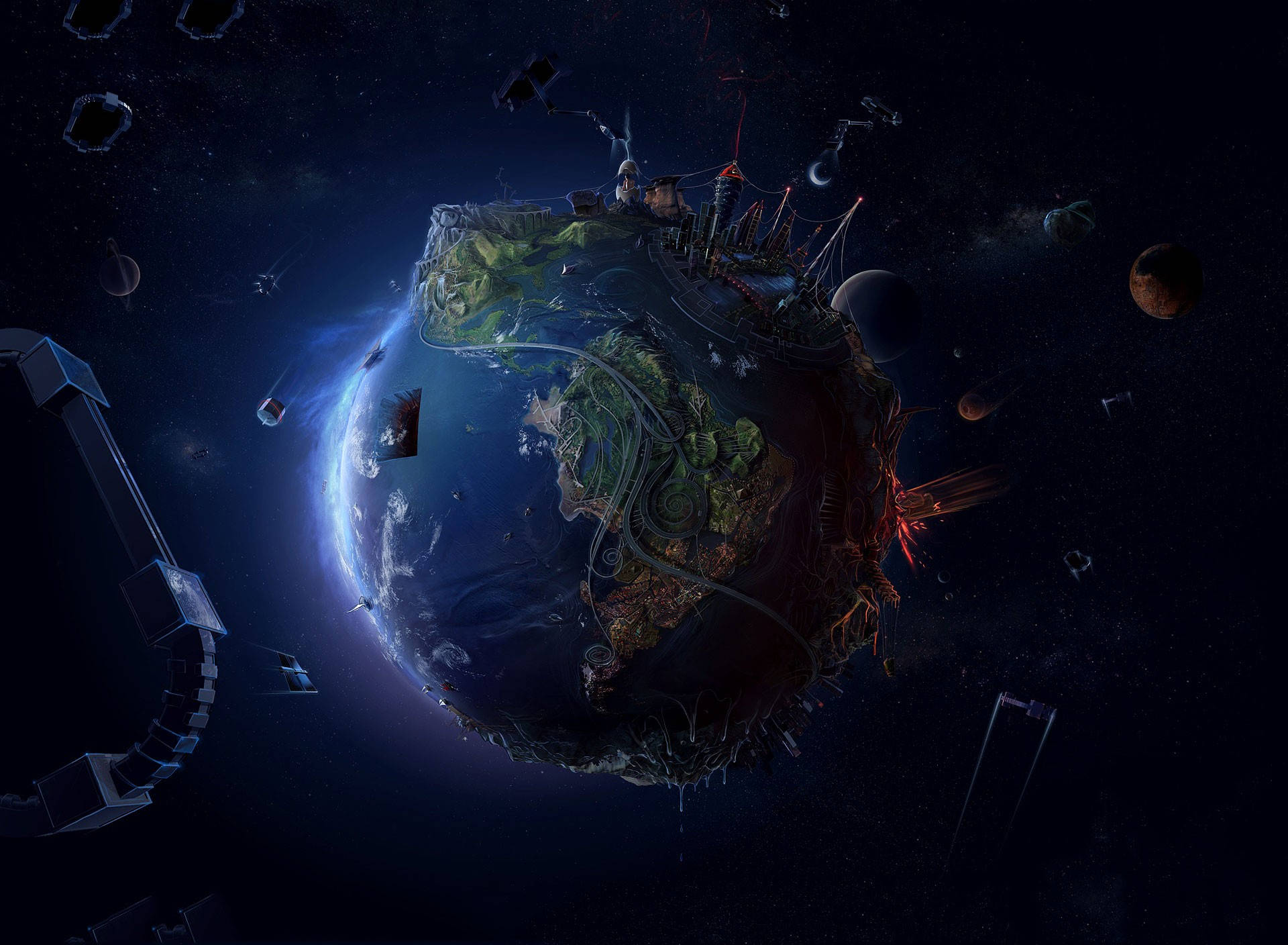 一顆破碎的星球，有大陸和海洋，在太空中與碎片一起漂流。