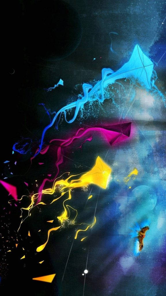 霓虹風箏在色彩繽紛的宇宙夜空中飛翔，留下發光的軌跡。