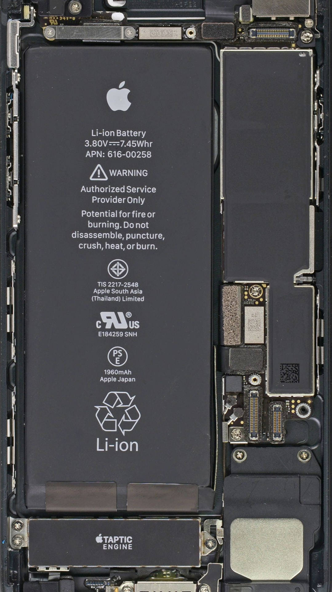 暴露的 iPhone 內部，顯示電池和電路。