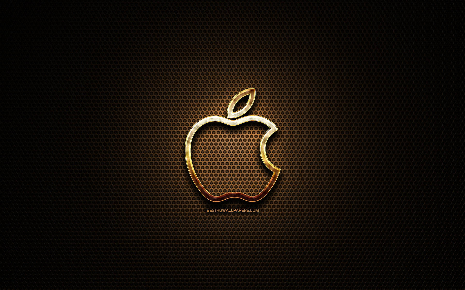 深色六角網格背景上的發光金色Apple標誌。