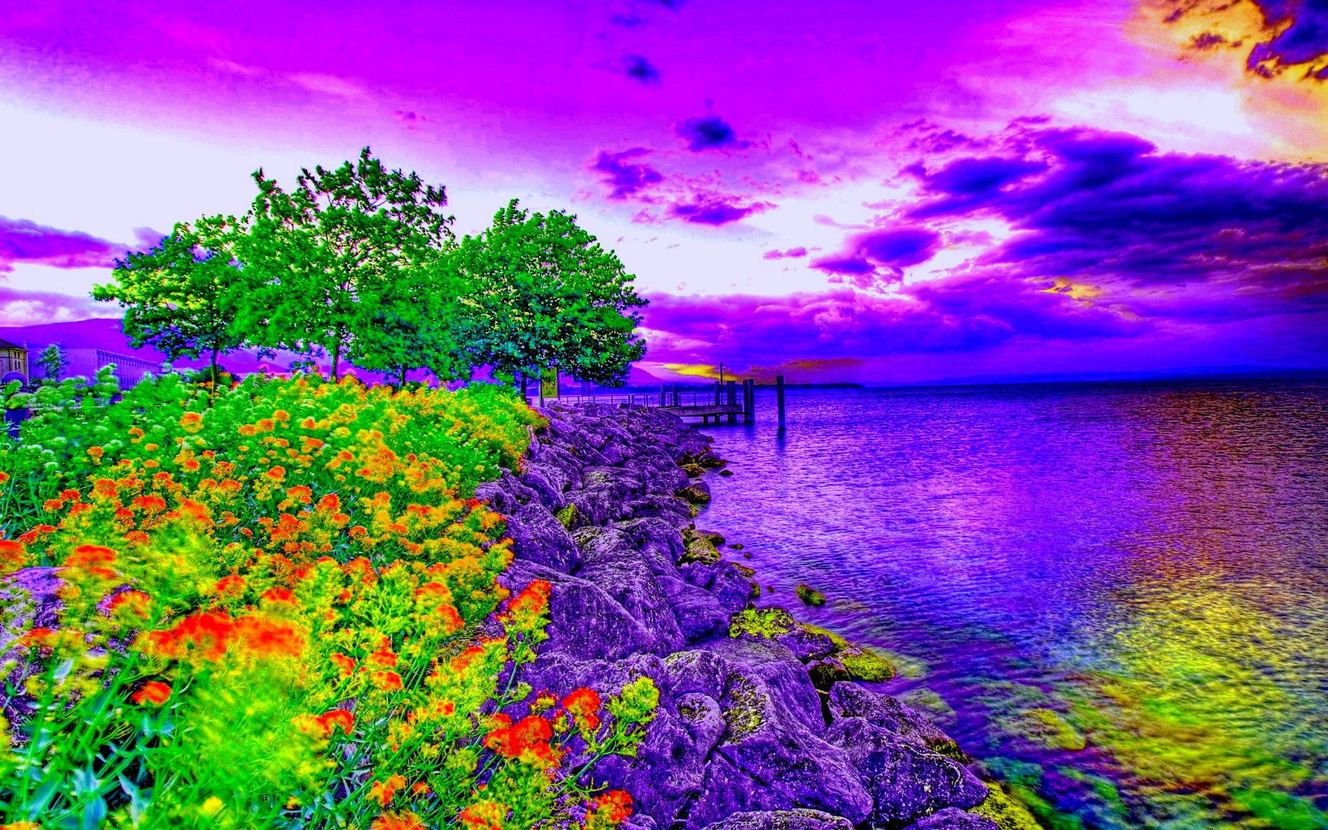 湖邊景色，紫色水和天空，綠色樹木和橙色花朵在日落時分。