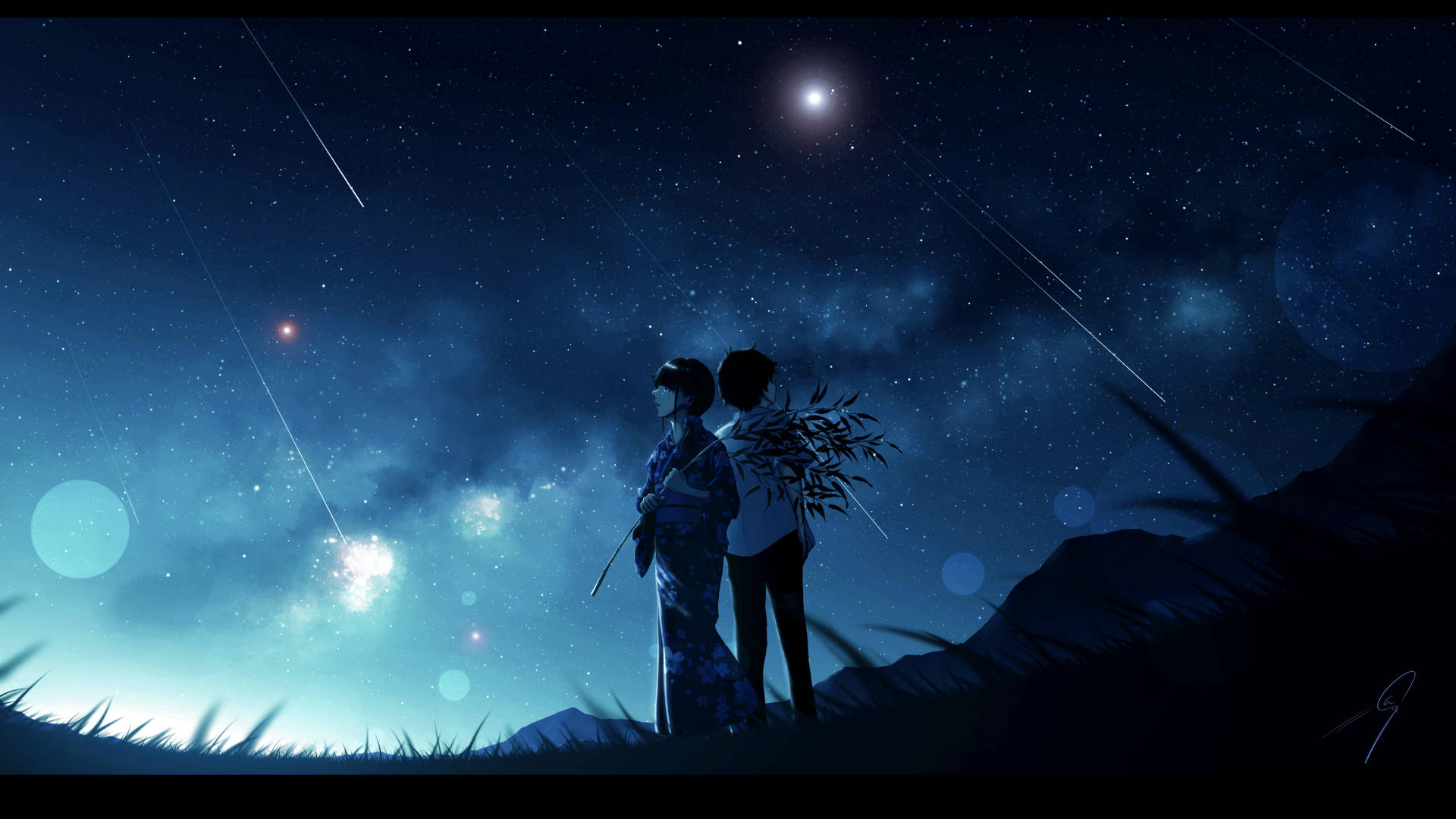 兩個穿著傳統服裝的人仰望有流星的星空。