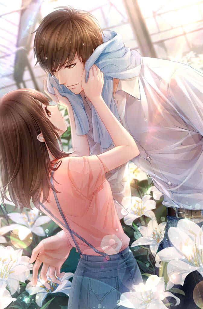 動漫情侶在陽光明媚的溫室中，在白百合之間分享溫柔時刻。
