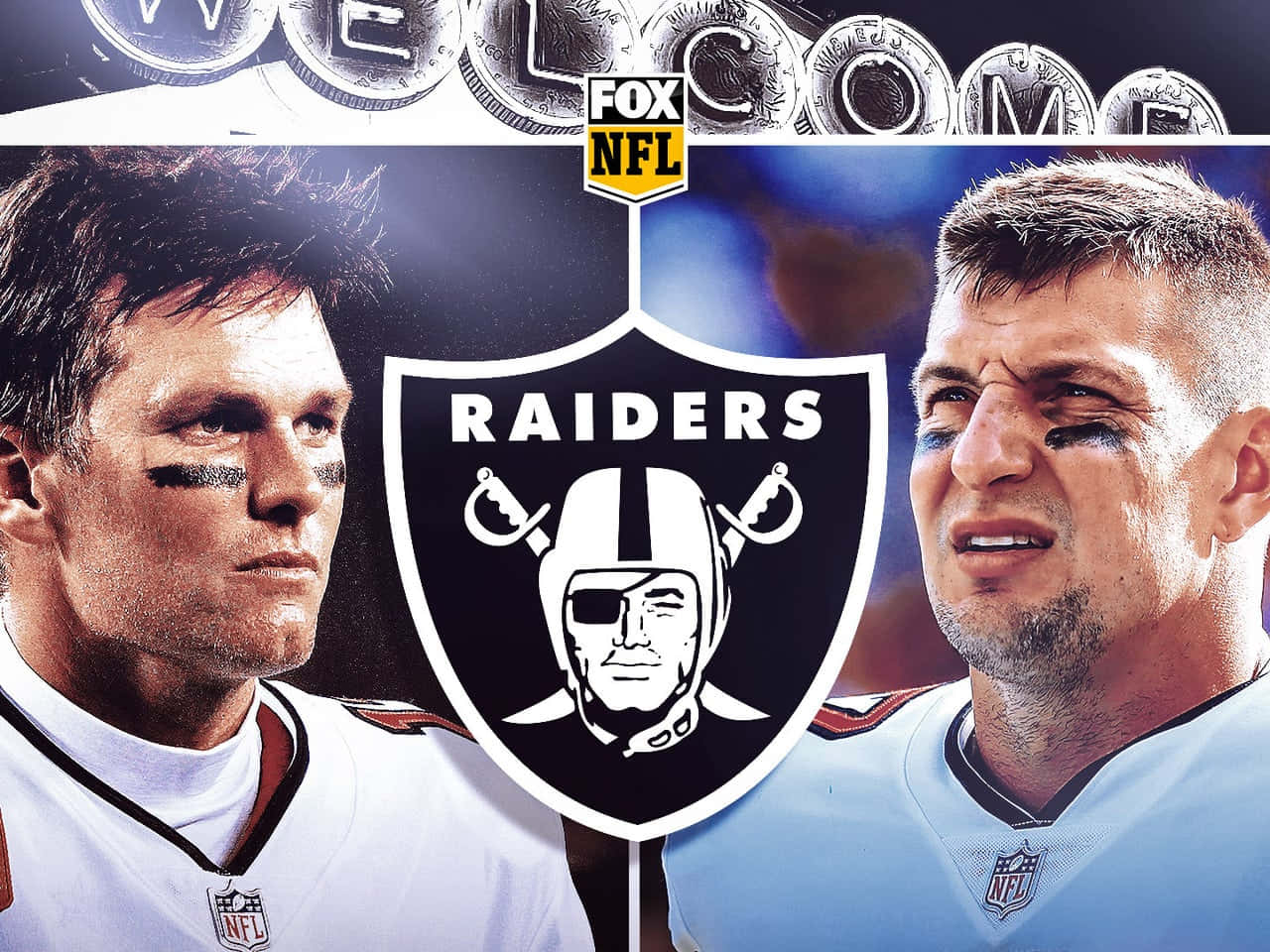 掠奪者 桌布 壁紙 — 兩位NFL四分衛在'WELCOME'硬幣橫幅下對峙，兩旁是Raiders標誌。