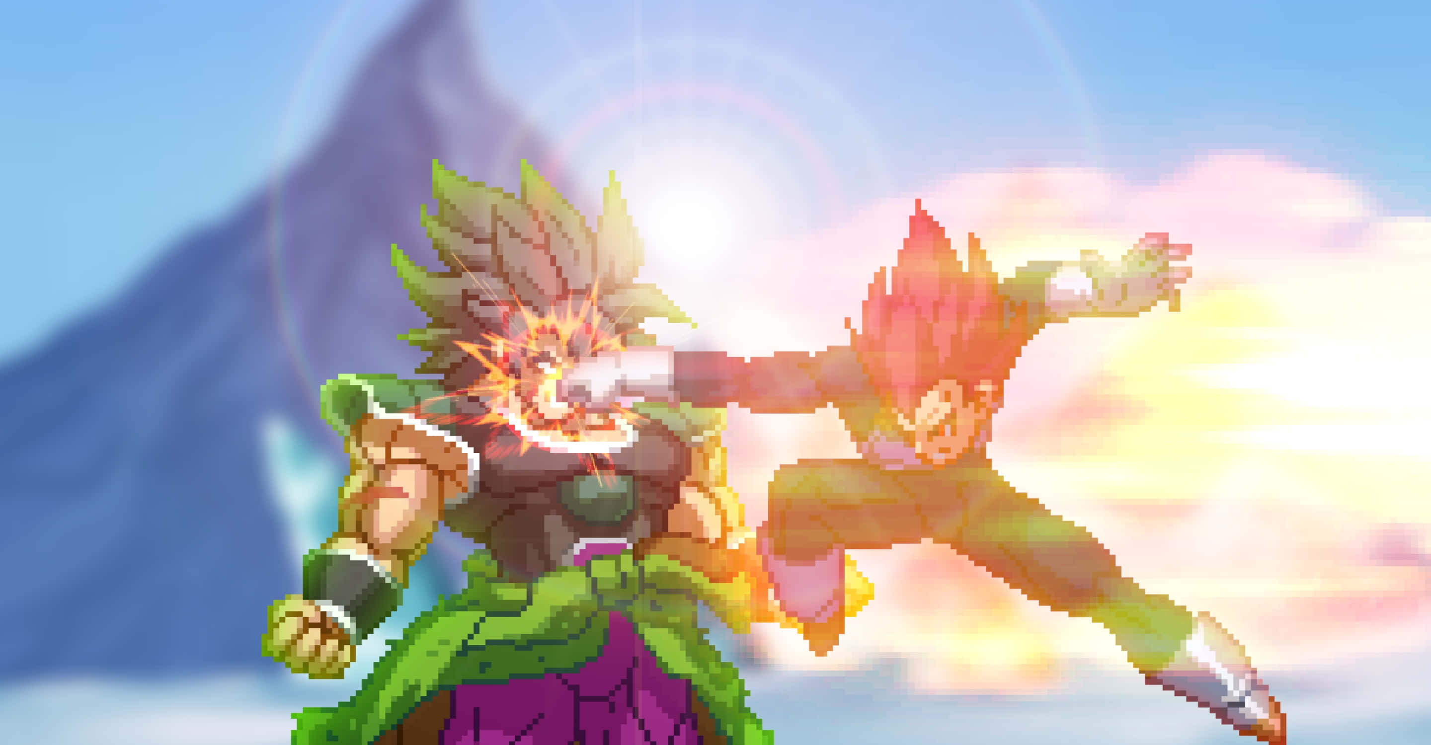 Vegeta And Broly 桌布 壁紙 — 兩位像素藝術戰士在明亮的天空和山脈背景下，以發光的能量爆炸在半空中交鋒。