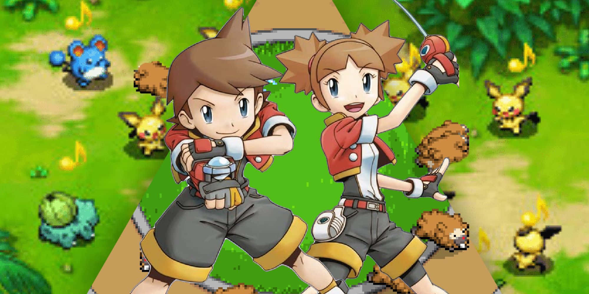 Pokemon Ranger 桌布 壁紙 — 兩位像素藝術訓練師在充滿活力的草地上用精靈球戰鬥，皮卡丘和其他寶可夢圍繞著他們。