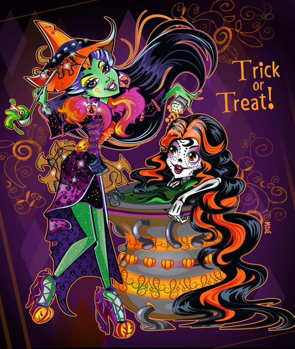 Monster High 桌布 壁紙 — 兩位充滿活力的萬聖節女巫，擁有色彩繽紛的頭髮和詭異的服裝，在深紫色背景前，在一個冒泡的大鍋旁擺姿勢。