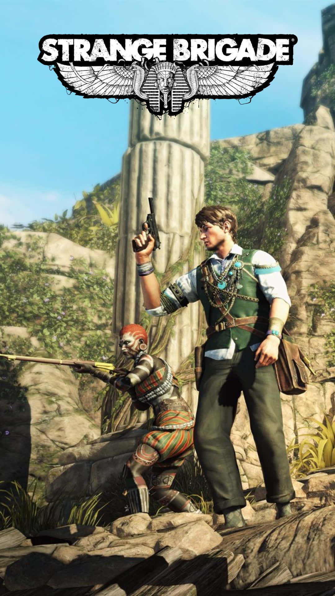 Android Strange Brigade 桌布 壁紙 — 兩位冒險家身處古代遺跡，一人在明亮日光下瞄準手槍，另一人瞄準步槍。