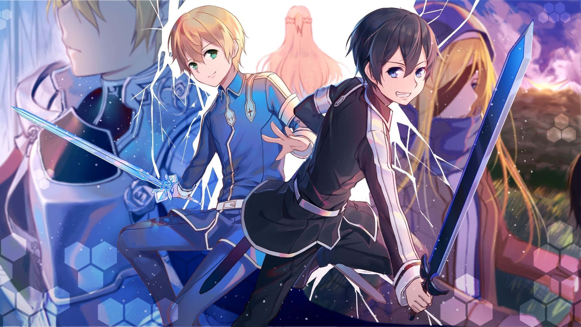 Sword Art Online Eugeo 桌布 壁紙 — 兩位動漫劍客以動態姿勢呈現，手持發光刀刃，背景為六邊形數位圖案。