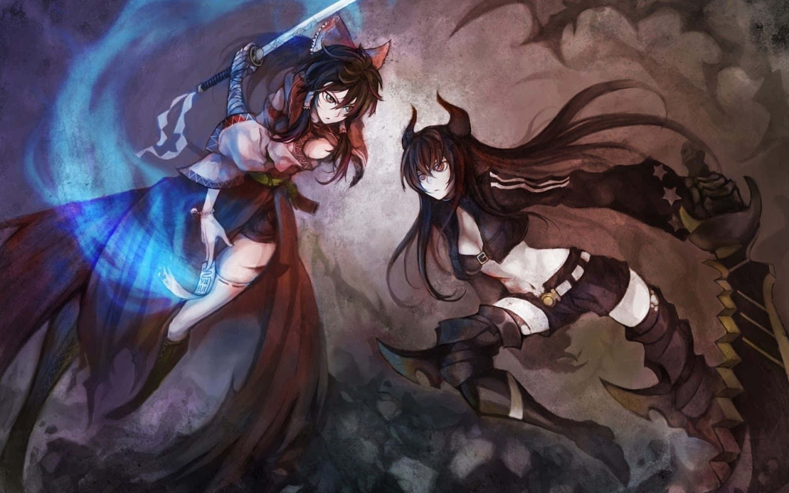 兩位動漫少女持劍對峙背景 壁紙