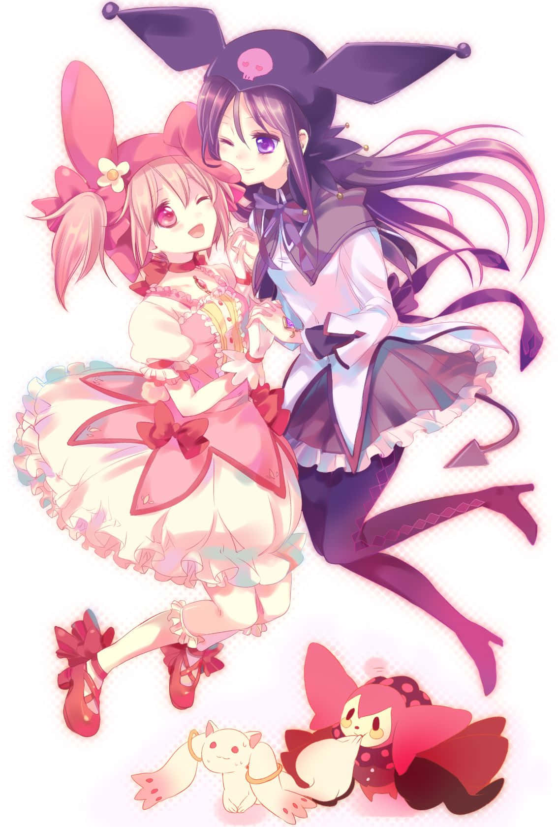 Kuromi And My Melody 桌布 壁紙 — 兩位動漫少女穿著夢幻的粉紅色和紫色服裝，與可愛的動物夥伴在明亮的白色背景前俏皮地擺姿勢。