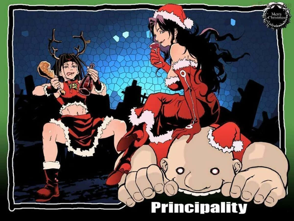 Fullmetal Alchemist Gluttony 桌布 壁紙 — 兩位動漫少女穿著節日紅色聖誕老人服裝，在藍色馬賽克城市景觀背景下舉杯慶祝聖誕節。