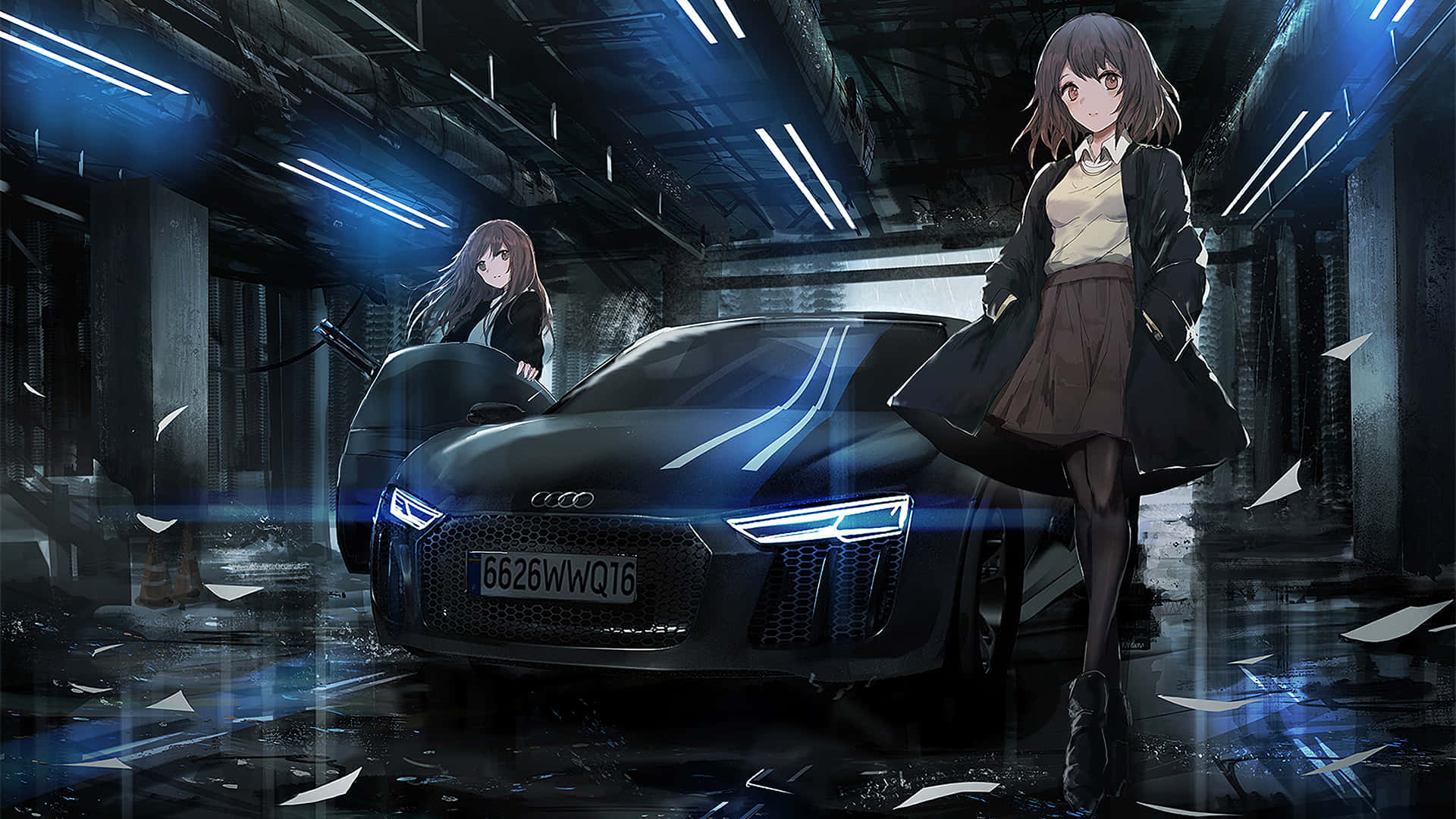兩位動漫少女站在汽車旁 壁紙