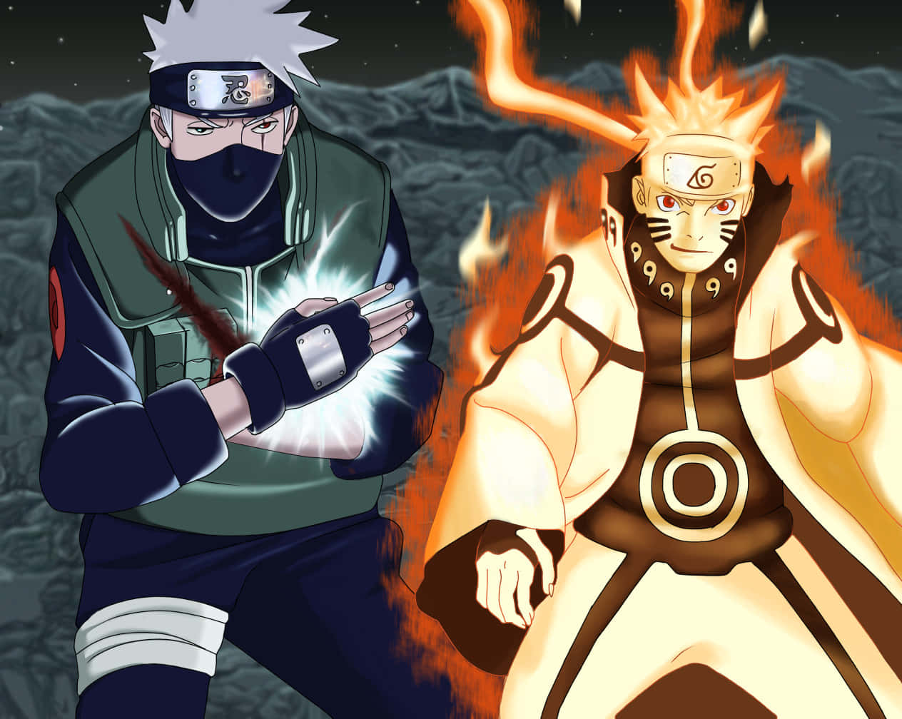 Kakashi And Naruto 桌布 壁紙 — 兩位動漫忍者戰士激烈交鋒，一位散發著熾熱的查克拉，另一位引導著明亮能量，在星空下的岩石戰場上戰鬥。