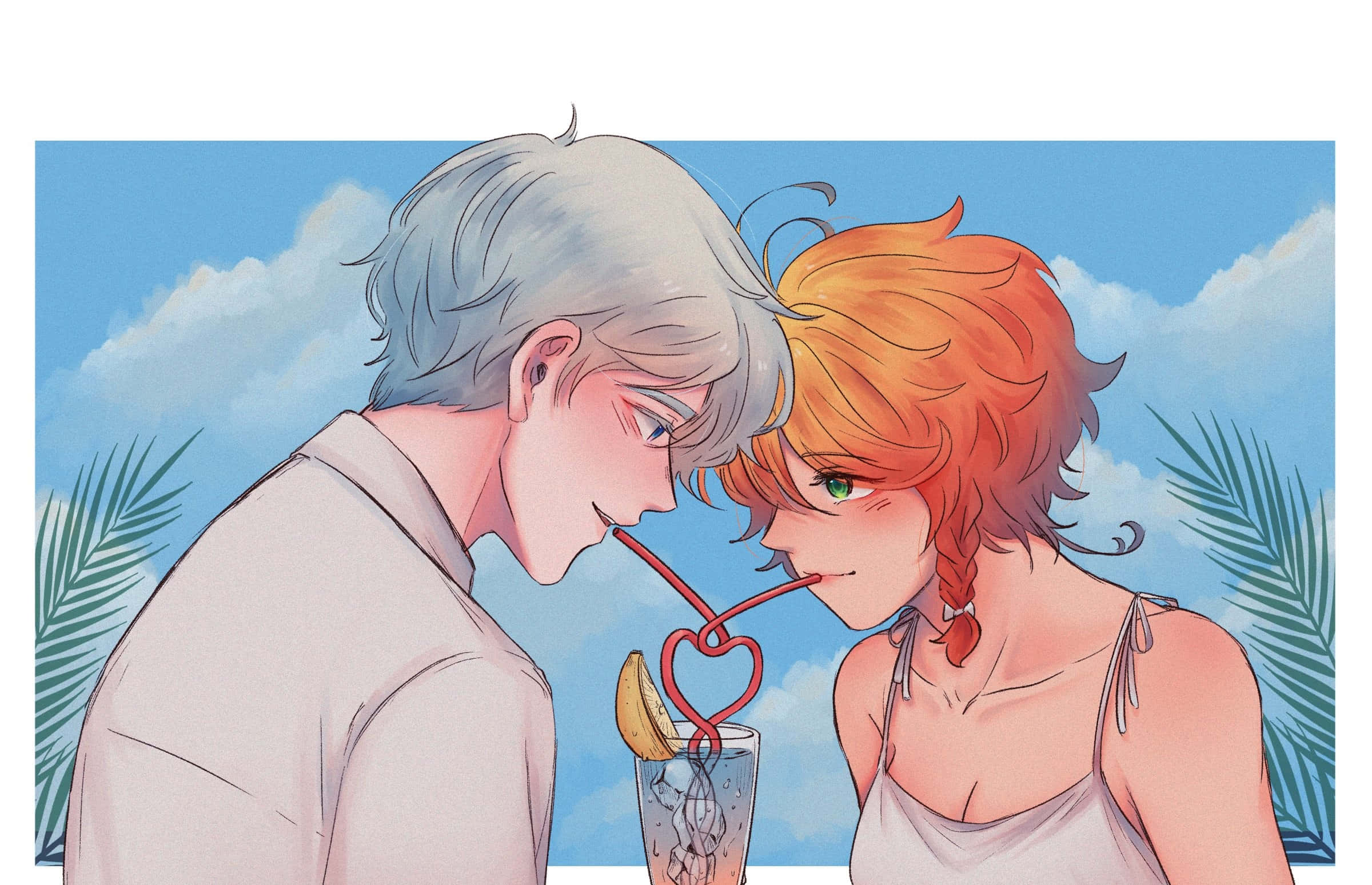 The Promised Neverland Norman 桌布 壁紙 — 兩位動漫愛好者在明亮的藍天下分享一杯心形吸管飲料，背景有棕櫚葉。