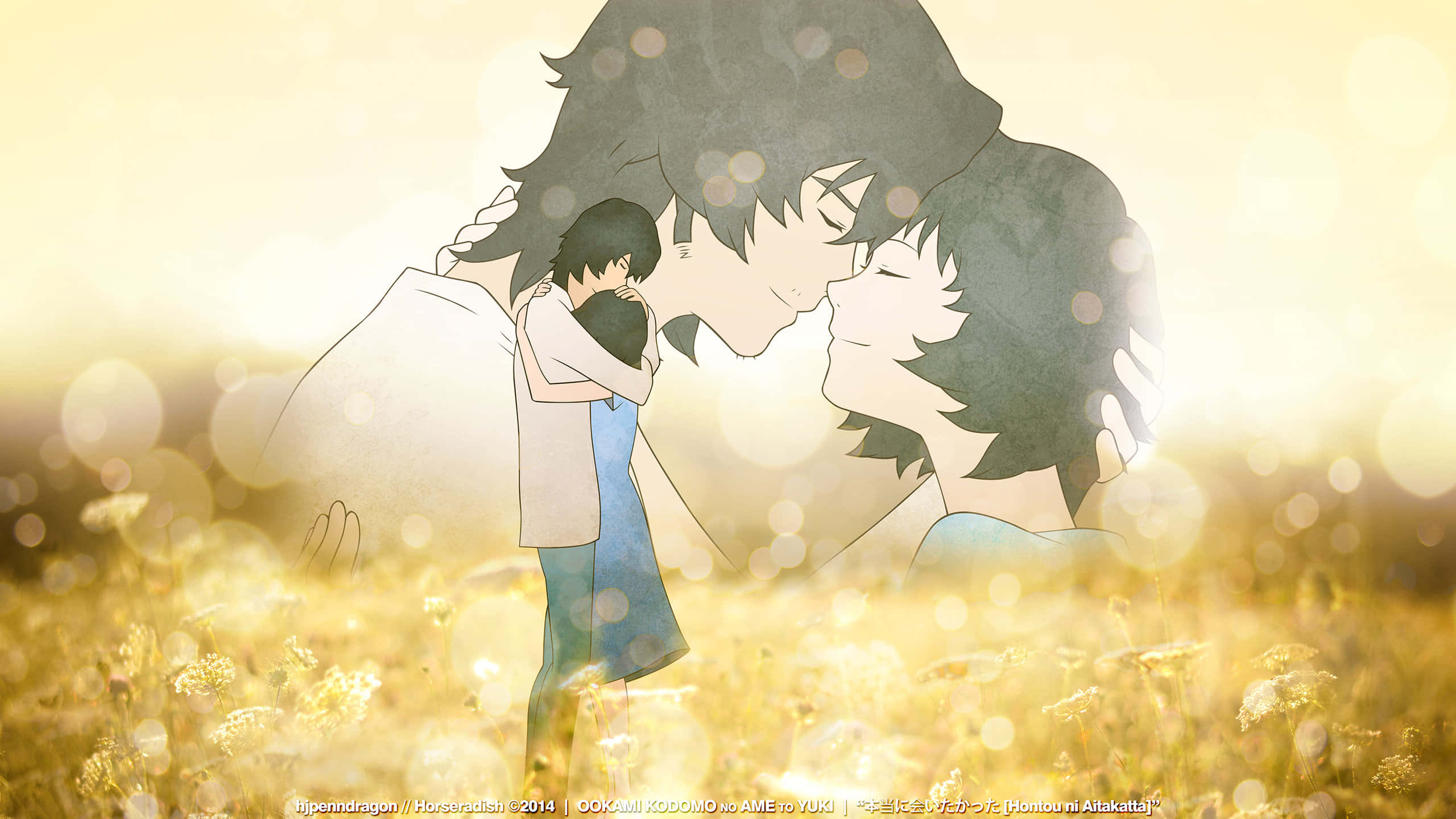 Wolf Children 桌布 壁紙 — 兩位動漫戀人在陽光明媚的金色花田裡溫柔擁抱，帶有柔和散景光暈。