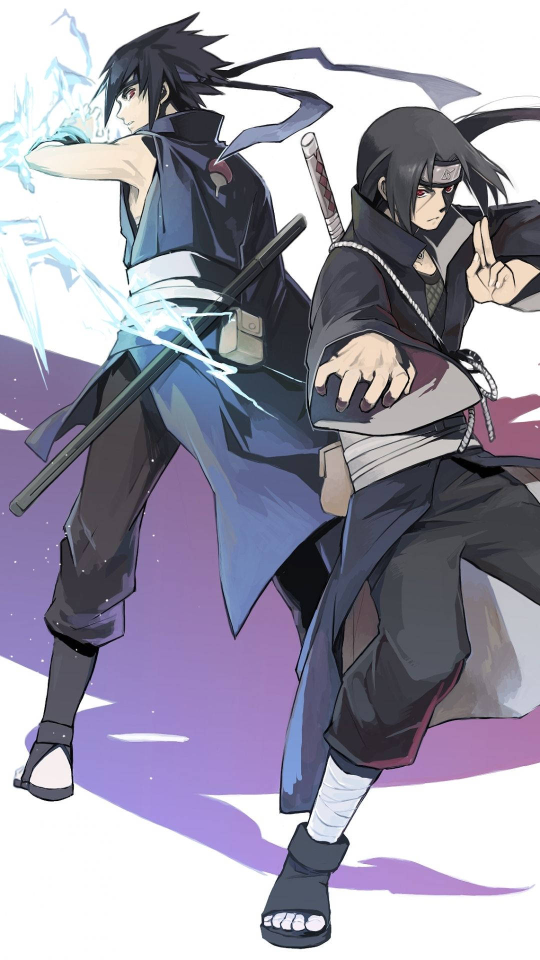 sasuke uchiha 桌布 壁紙 — 兩位動漫戰士以動態姿勢碰撞，發出藍色查克拉和紫色能量爆發，背景為純白色。