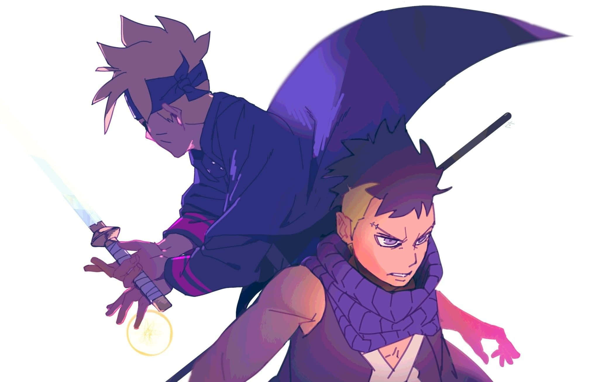 Boruto Vs Kawaki 桌布 壁紙 — 兩位動漫戰士以動態戰鬥姿勢呈現，手持發光劍和紫色斗篷，背景為純白色。