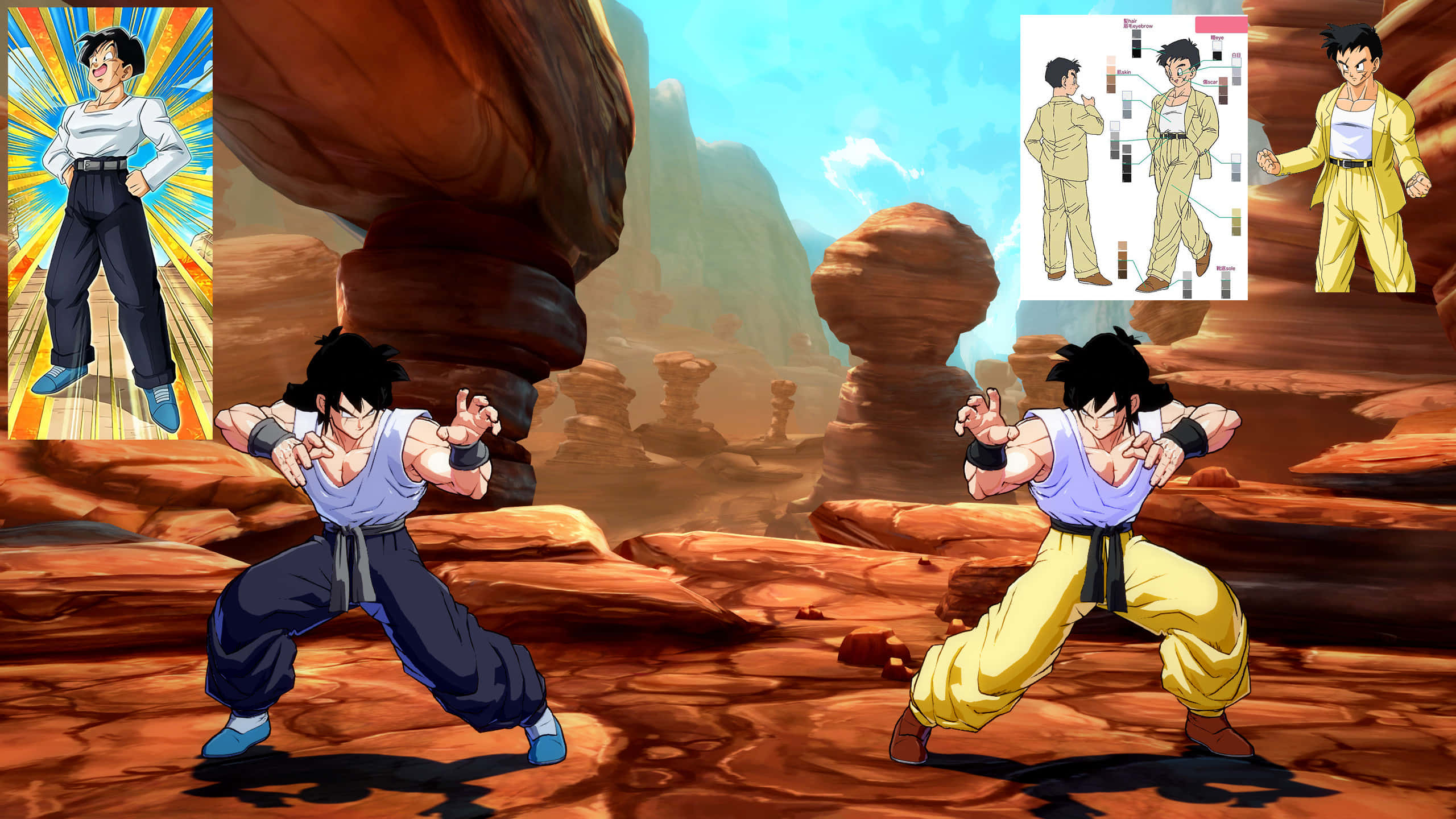 Yamcha 桌布 壁紙 — 兩位動漫戰士以戰鬥姿態在岩石沙漠峽谷中對峙，角色設計面板漂浮在周圍。