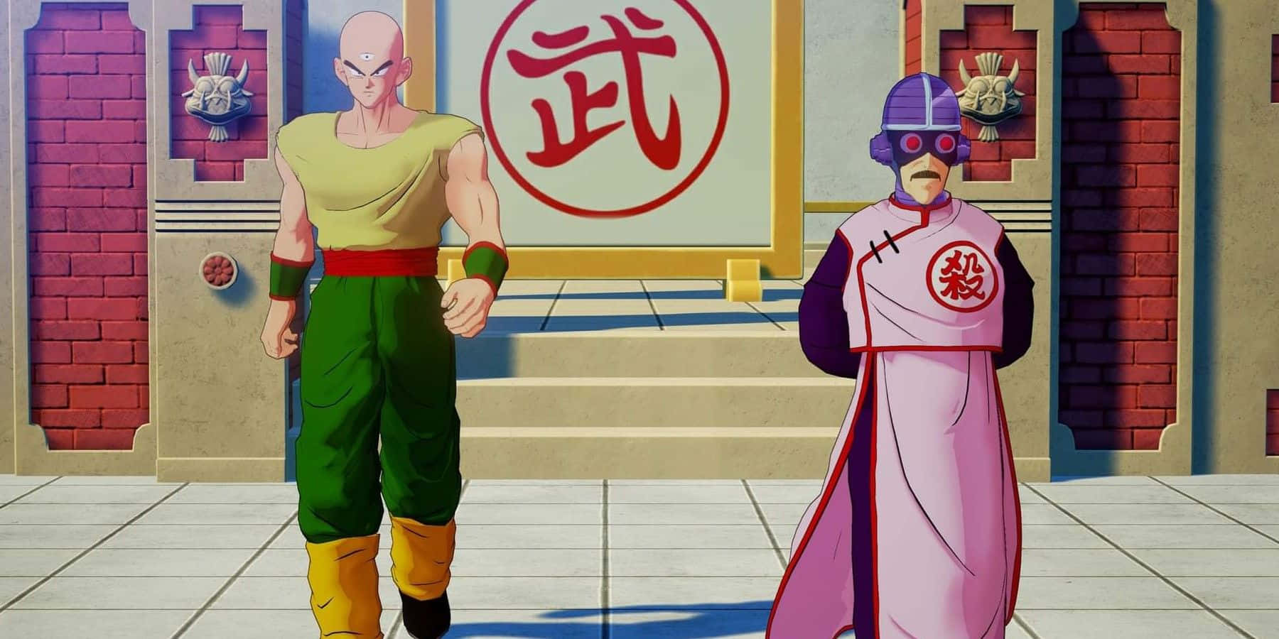 Dragon Ball Z Games 桌布 壁紙 — 兩位動漫戰士在一個紅磚牆的道場中面對面站立，身後牆上有一個大型漢字符號。
