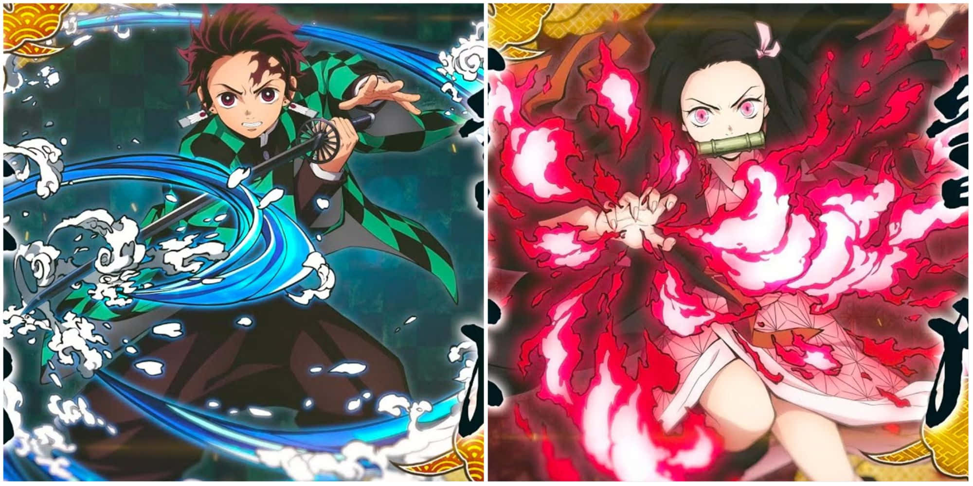 Demon Slayer Fight 桌布 壁紙 — 兩位動漫戰士在充滿活力的戰鬥場景中釋放出藍色水和紅色火焰的動態元素攻擊。