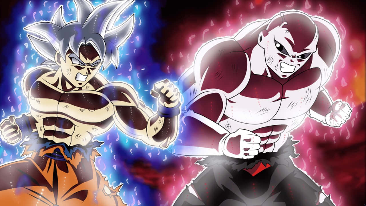 Mui Goku 桌布 壁紙 — 兩位動漫戰士在充滿活力的能量戰鬥中碰撞，帶有藍色和紅色的光環效果。