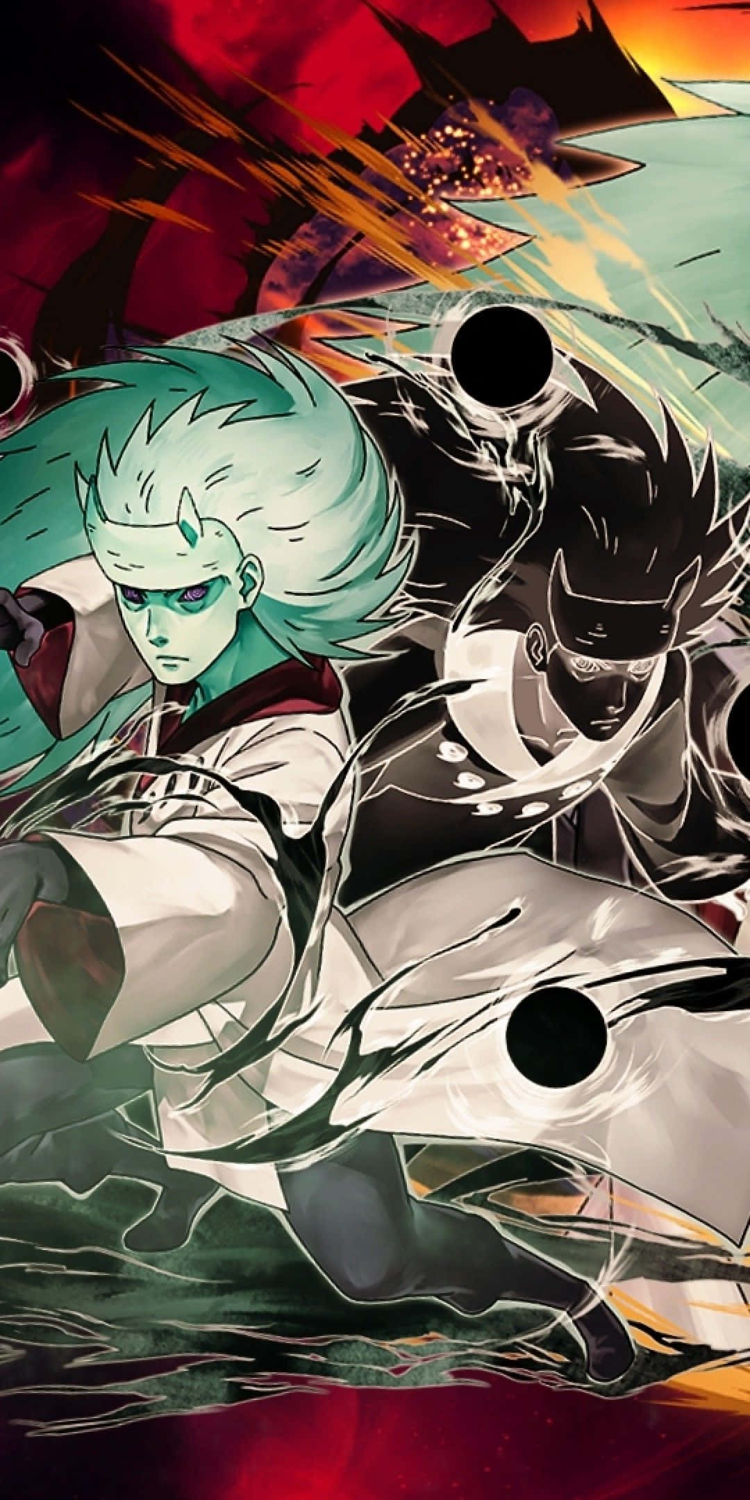 Sage Of Six Paths 桌布 壁紙 — 兩位動漫戰士在充滿爆炸性能量和鮮豔紅、橙、青綠色的動態戰鬥場景中碰撞。