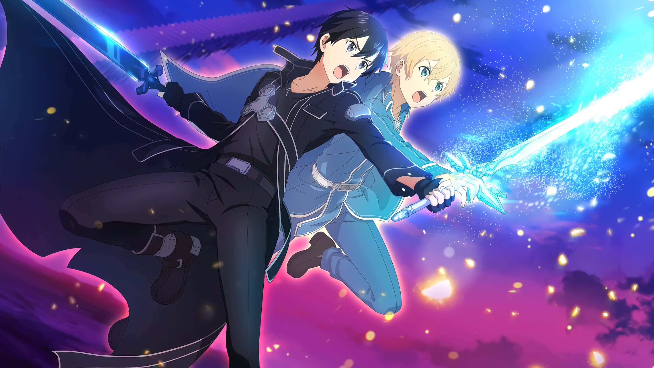 Sword Art Online Eugeo 桌布 壁紙 — 兩位動漫戰士在充滿發光粒子的鮮豔紫藍色天空中揮劍交鋒。