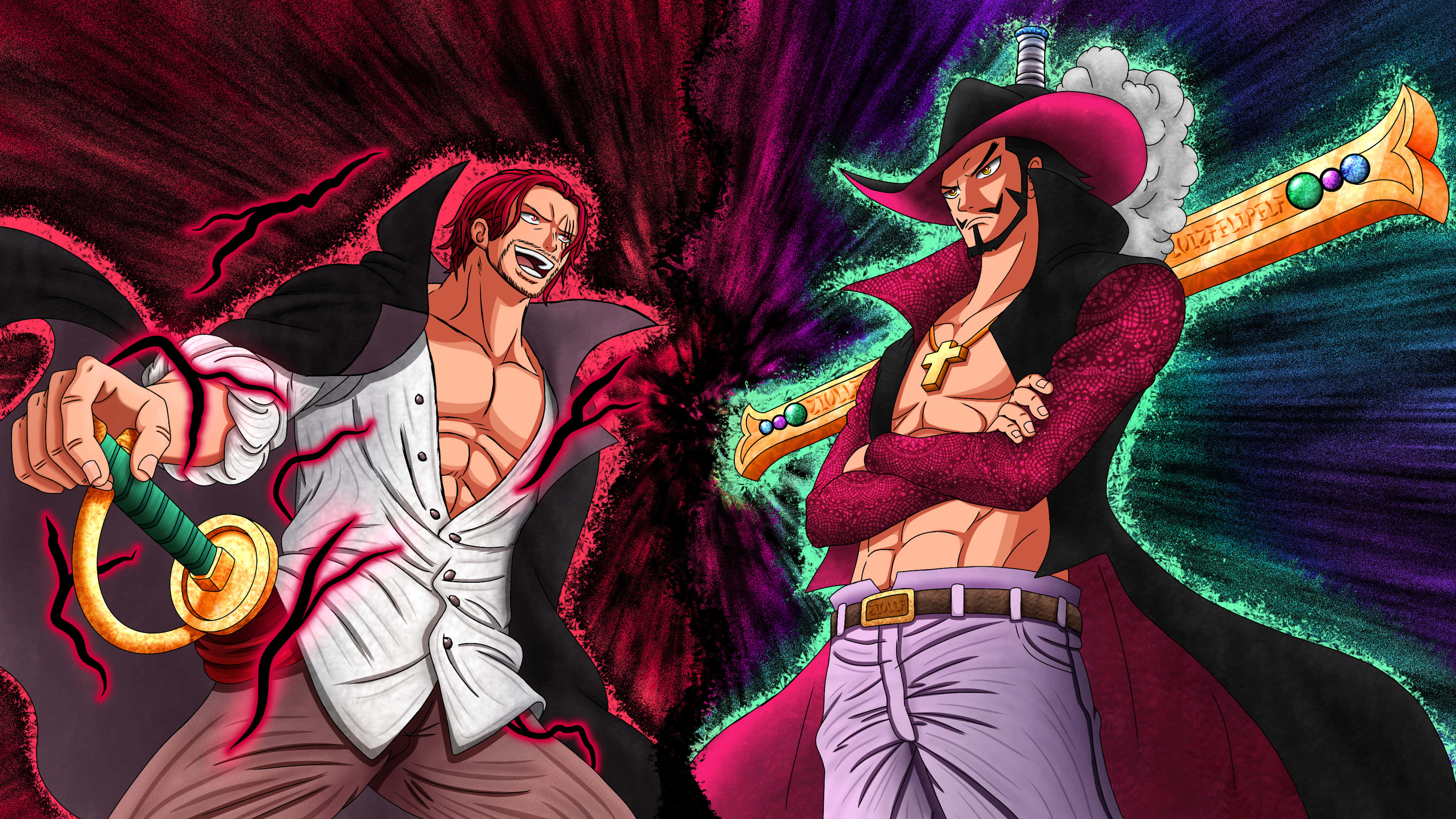 Dracule Mihawk 桌布 壁紙 — 兩位動漫戰士在充滿紅色和青綠色能量爆發的鮮豔宇宙背景下，用發光的劍交鋒。