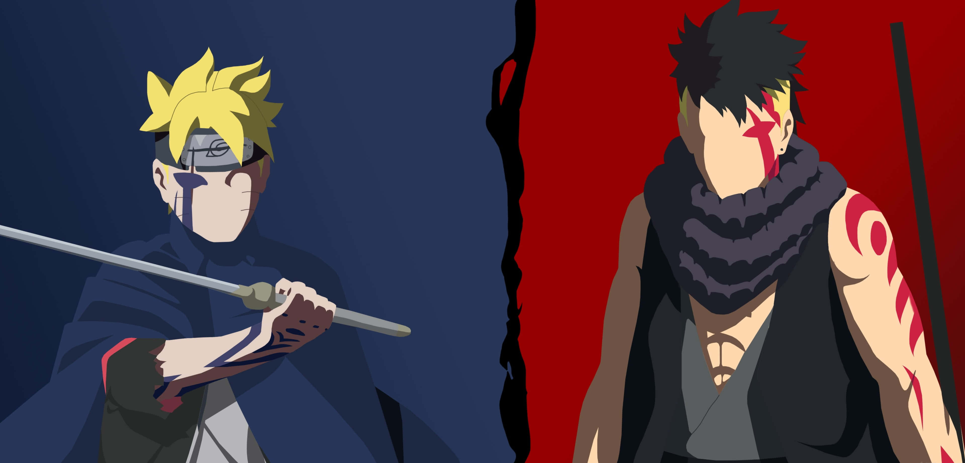 Boruto Vs Kawaki 桌布 壁紙 — 兩位動漫戰士在分屏戰鬥中對峙，一位身穿藍色，另一位身穿紅色。