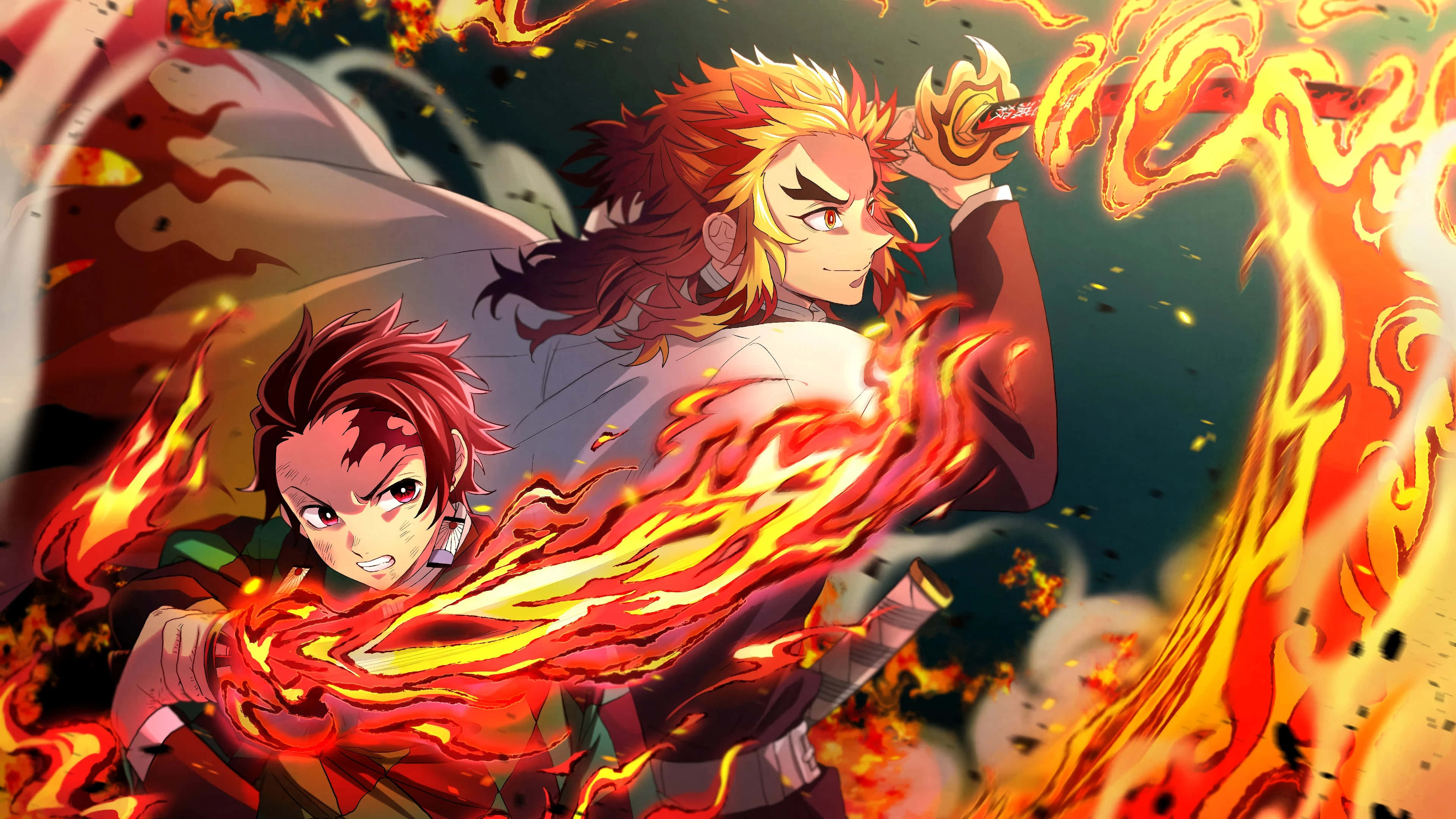 Rengoku And Tanjiro 桌布 壁紙 — 兩位動漫戰士在動態戰鬥場景中釋放出火焰斬擊，伴隨著熾熱的橙色火焰和激烈的表情。