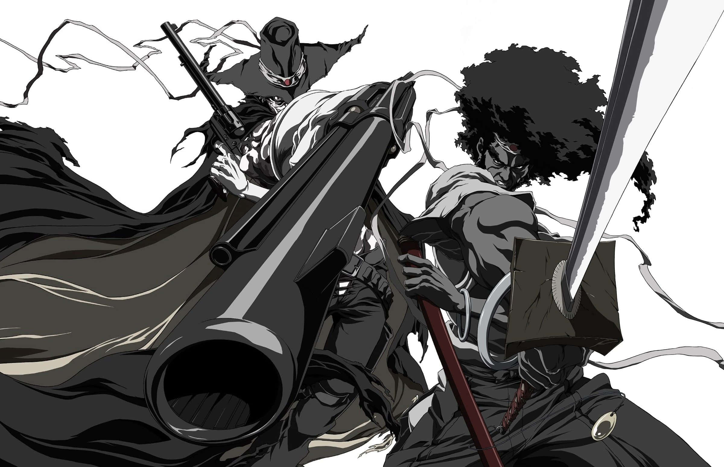 Afro Samurai 桌布 壁紙 — 兩位動漫戰士在動態黑白戰鬥場景中碰撞，伴隨著飄逸的布料和武器運動線條。