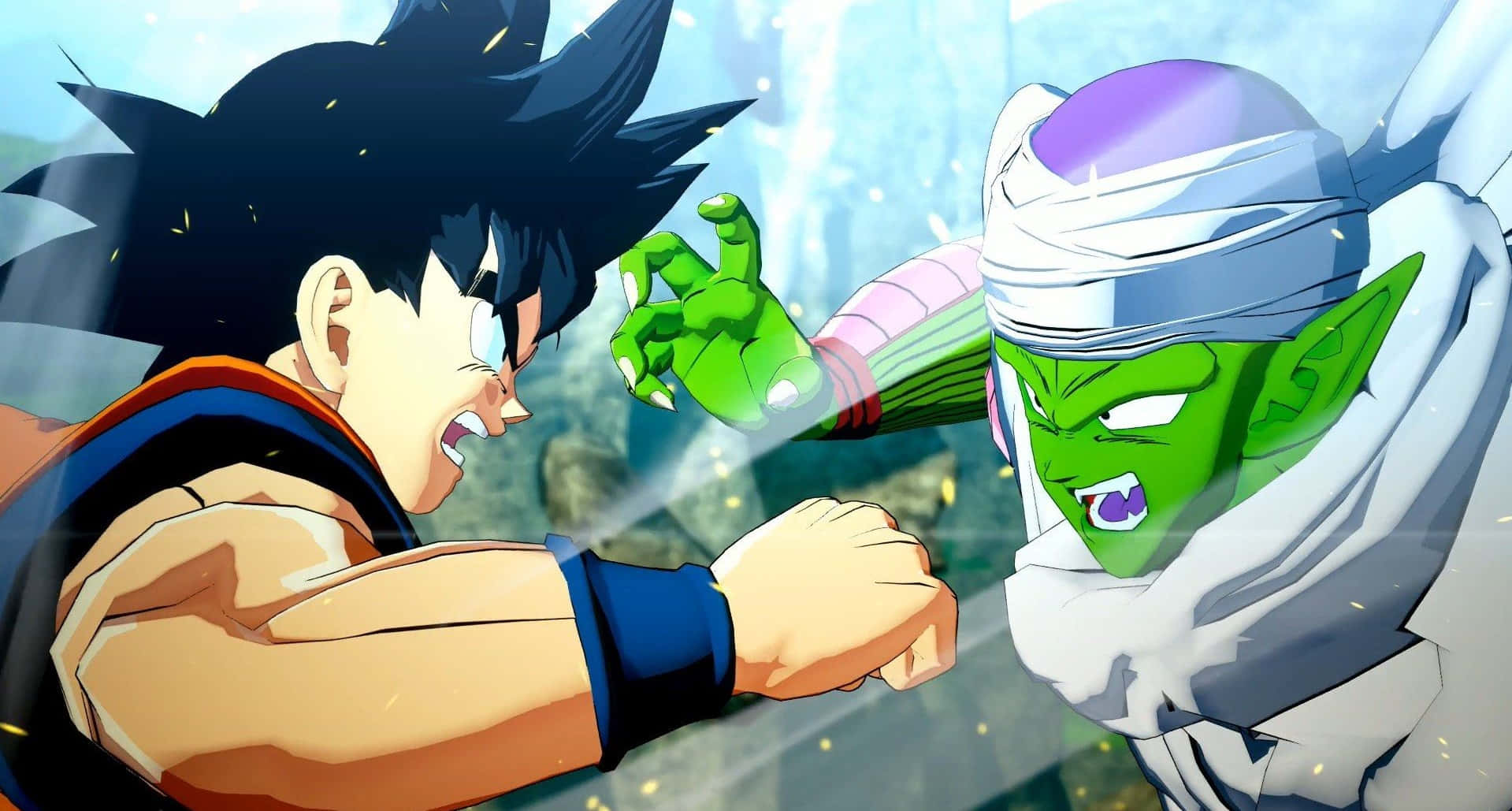 Dragon Ball Z Games 桌布 壁紙 — 兩位動漫戰士在半空中碰撞，拳頭發光，表情激烈，背景是模糊的岩石。
