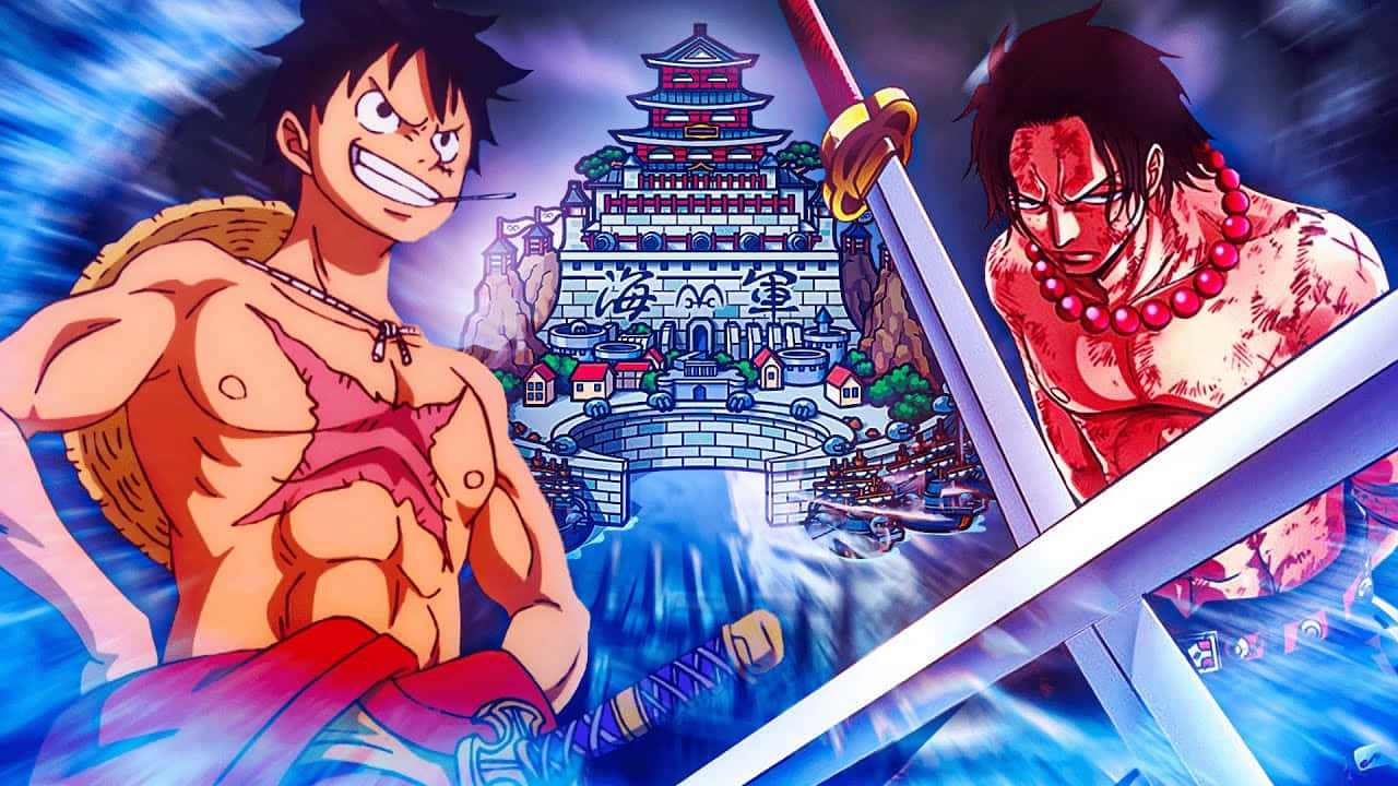 Marineford Aftermath 桌布 壁紙 — 兩位動漫戰士在城堡前用劍交鋒，藍色能量在他們周圍湧動。
