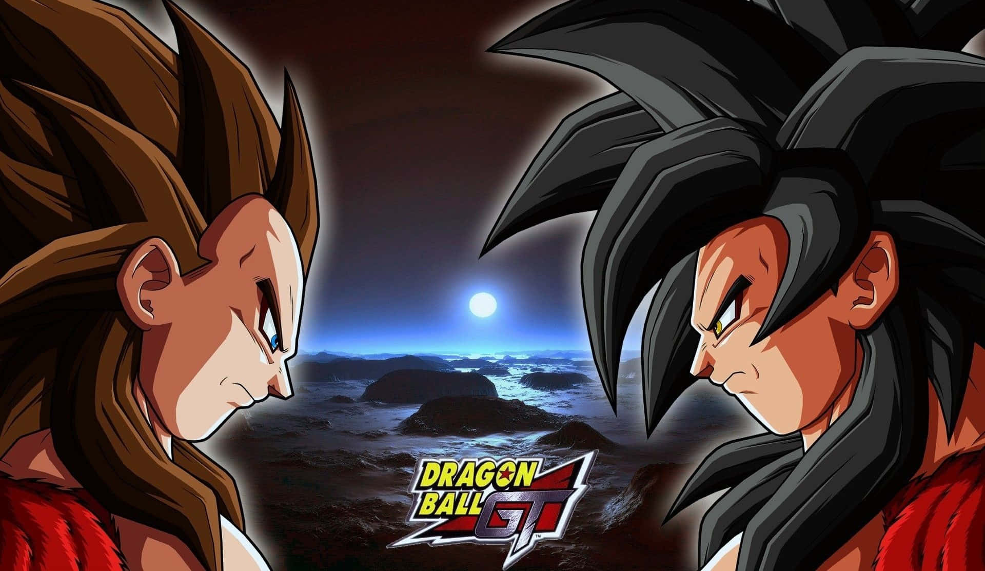 Vegeta And Goku 桌布 壁紙 — 兩位動漫戰士在岩石海洋上空、發光的月亮下戲劇性地對峙。