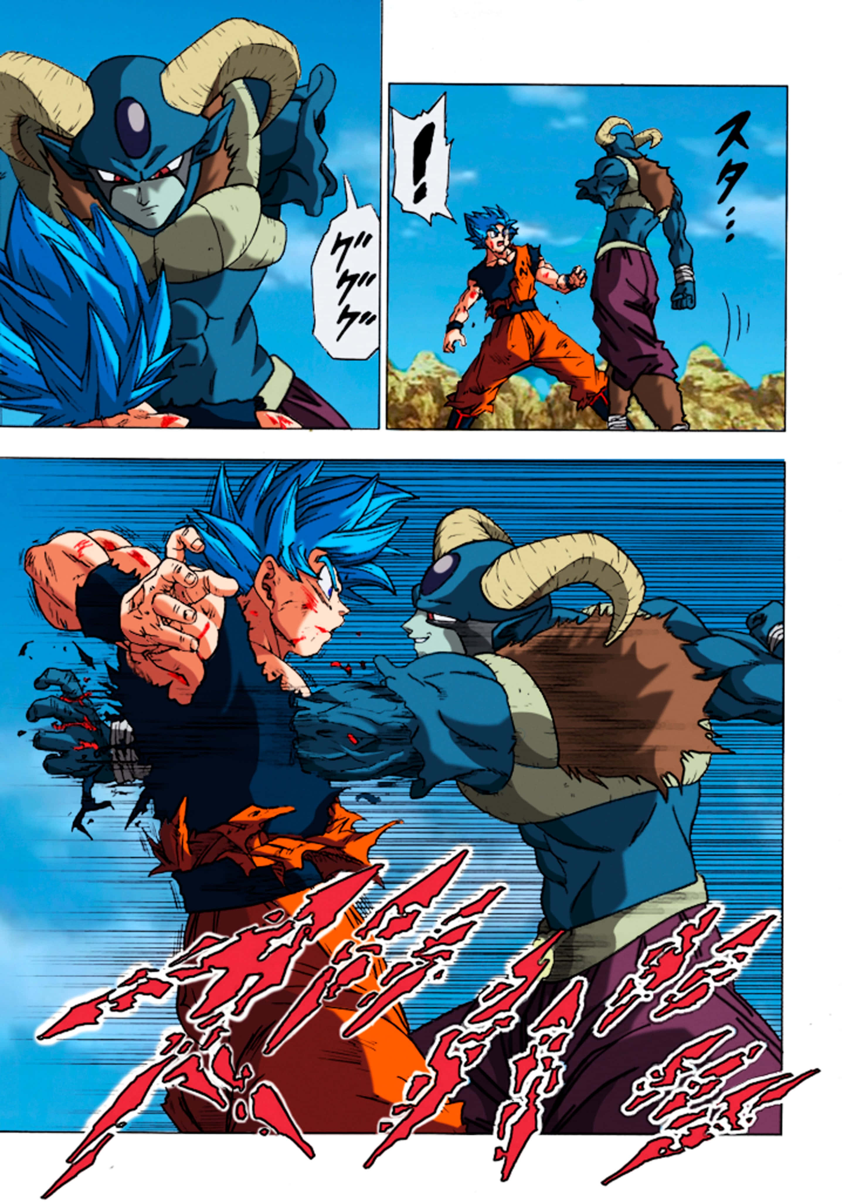 Dragon Ball Super Manga 桌布 壁紙 — 兩位動漫戰士在岩石背景下，以藍色和橙色能量效果展開動態戰鬥場景。