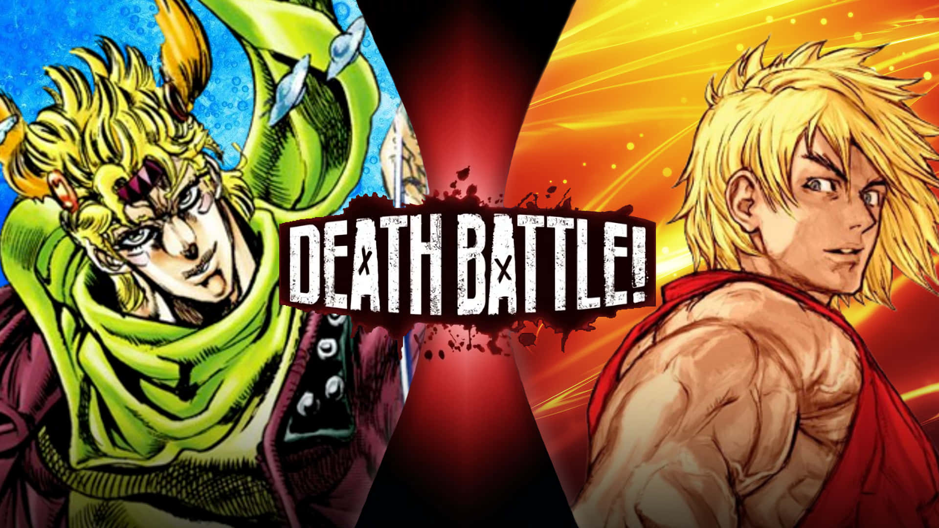 Caesar Anthonio Zeppeli 桌布 壁紙 — 兩位動漫戰士在戲劇性的分屏死亡對決中對峙，帶有爆炸性能量效果和大膽的漫畫藝術風格。