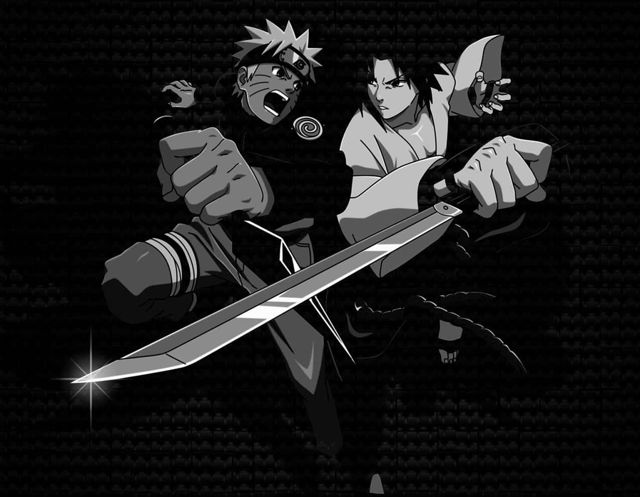 Naruto Black 桌布 壁紙 — 兩位動漫戰士在戲劇性的黑白戰鬥場景中交鋒，劍刃交錯，表情激烈。