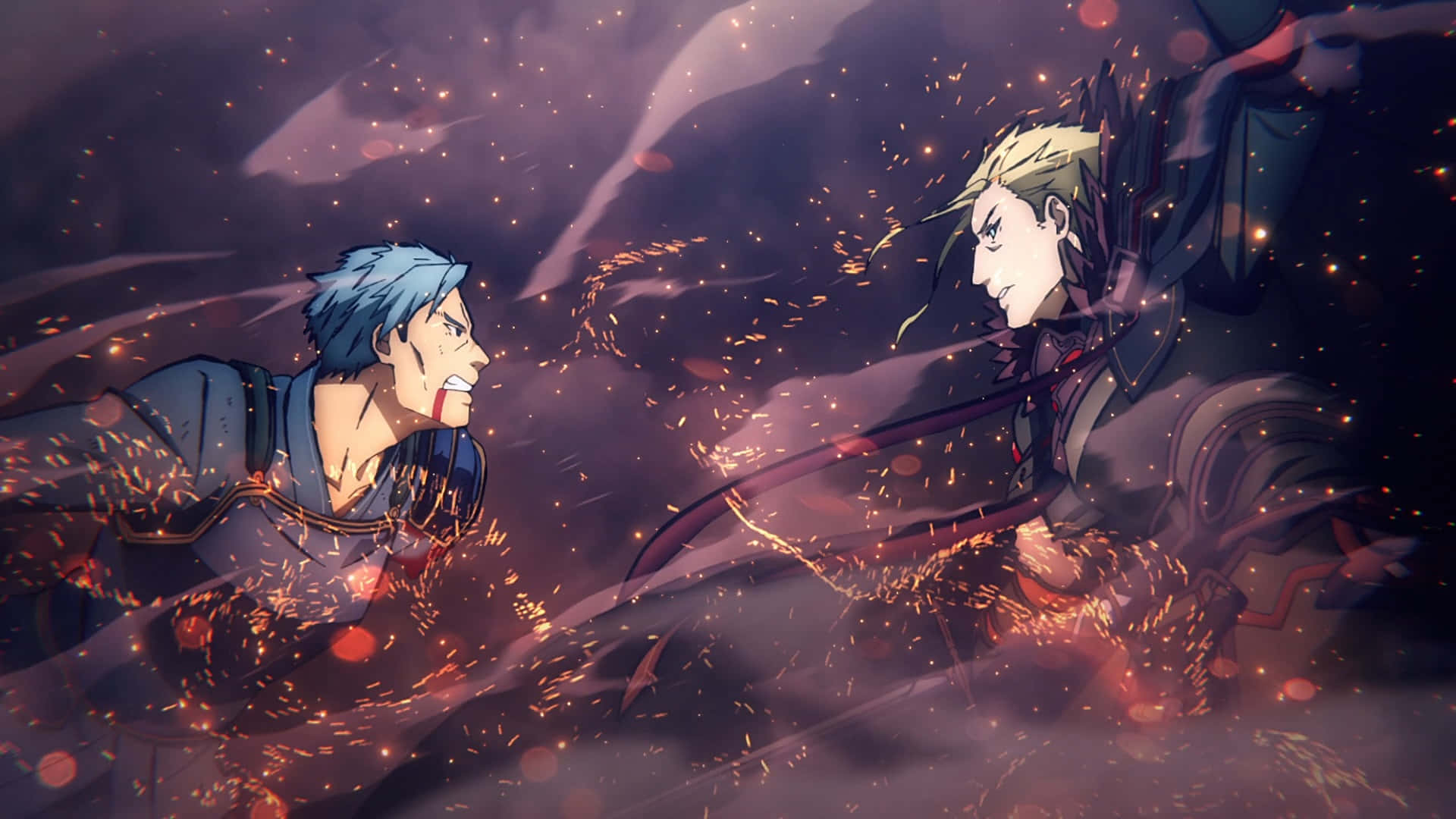 Sword Art Online Gabriel Miller 桌布 壁紙 — 兩位動漫戰士在旋轉的火花和烏雲中激烈交戰。