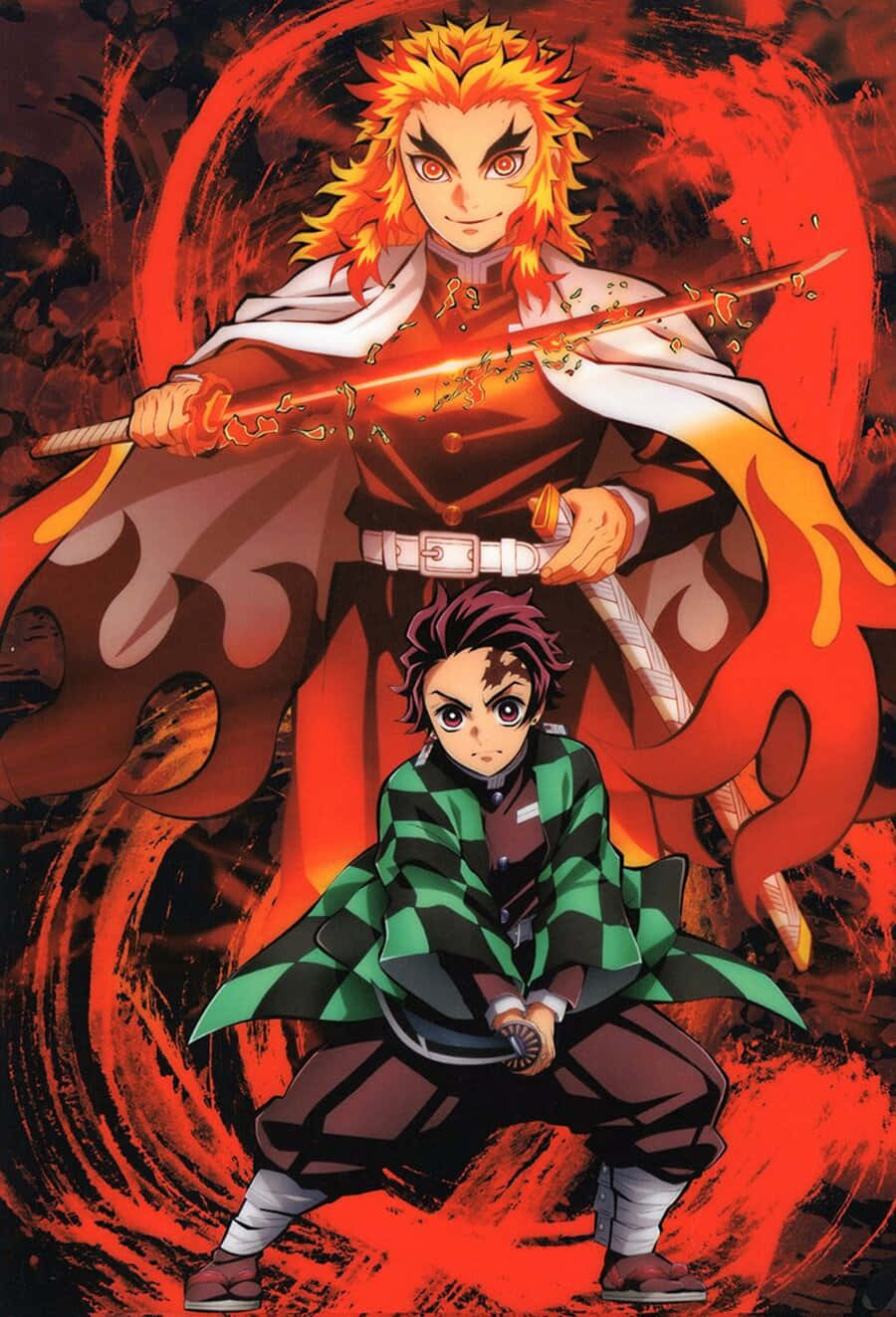 Rengoku And Tanjiro 桌布 壁紙 — 兩位動漫戰士在旋轉的紅黑背景前擺出戰鬥姿態，伴隨著熾熱的能量效果。