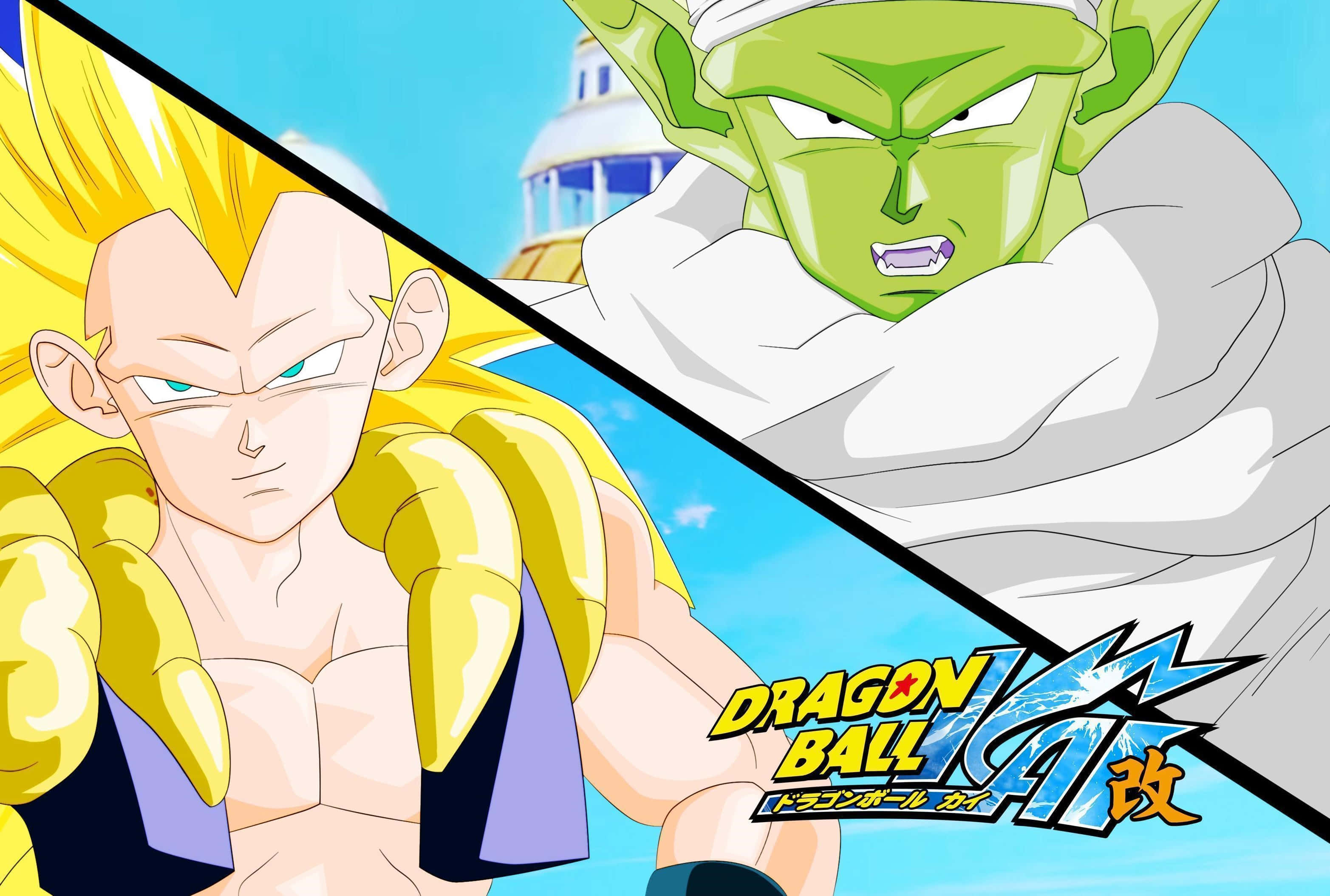 Dragon Ball Z Kai 桌布 壁紙 — 兩位動漫戰士在明亮的藍天背景下以強烈的表情對峙。