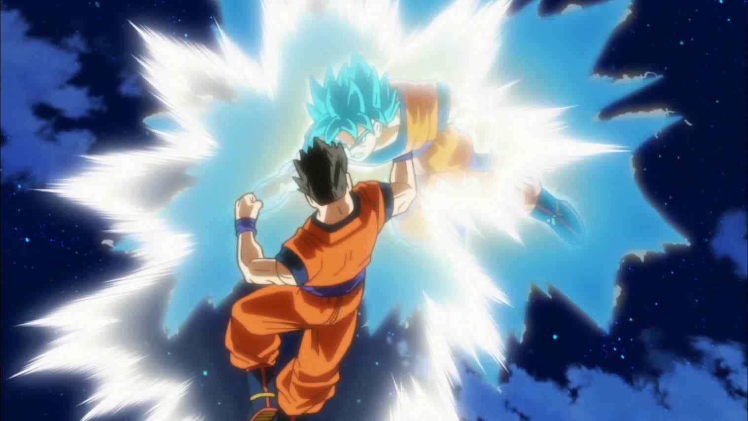 Mystic Gohan 桌布 壁紙 — 兩位動漫戰士在星夜背景下，於藍白能量的宇宙爆發中碰撞。