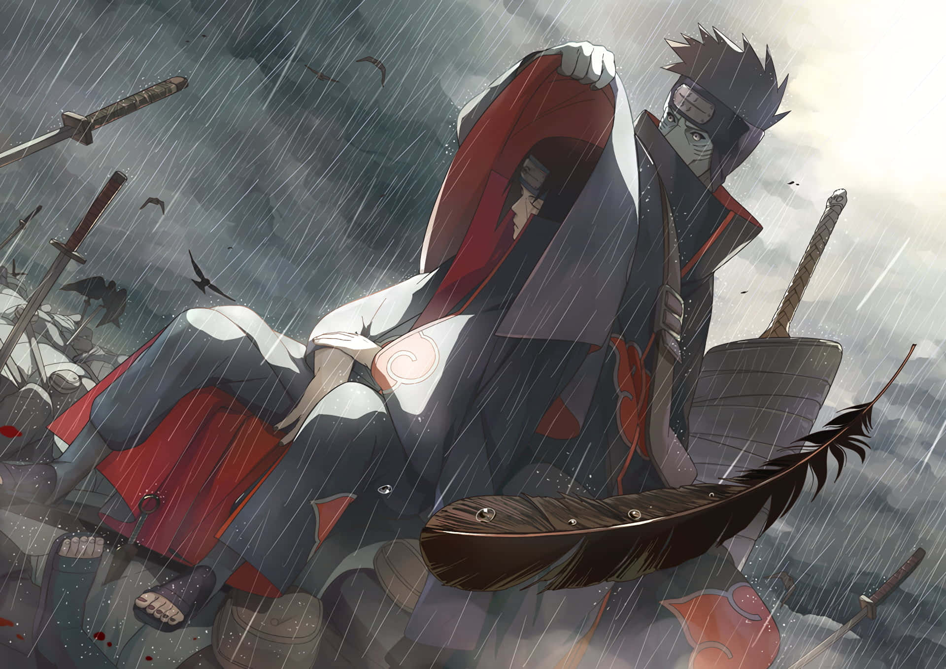 Akatsuki Ninja 桌布 壁紙 — 兩位動漫戰士在暴風雨戰場上交鋒，劍刃飛舞，染血的羽毛飄落。