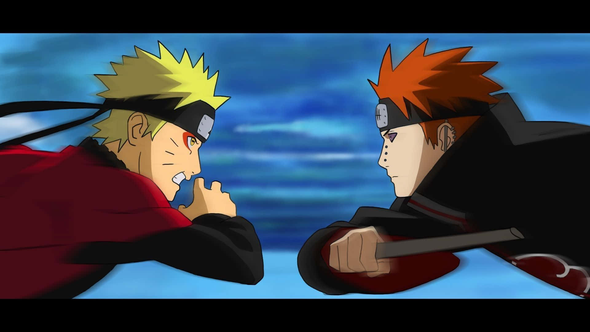 Akatsuki Yahiko 桌布 壁紙 — 兩位動漫戰士在暴風雨般的藍天背景下緊張對峙。