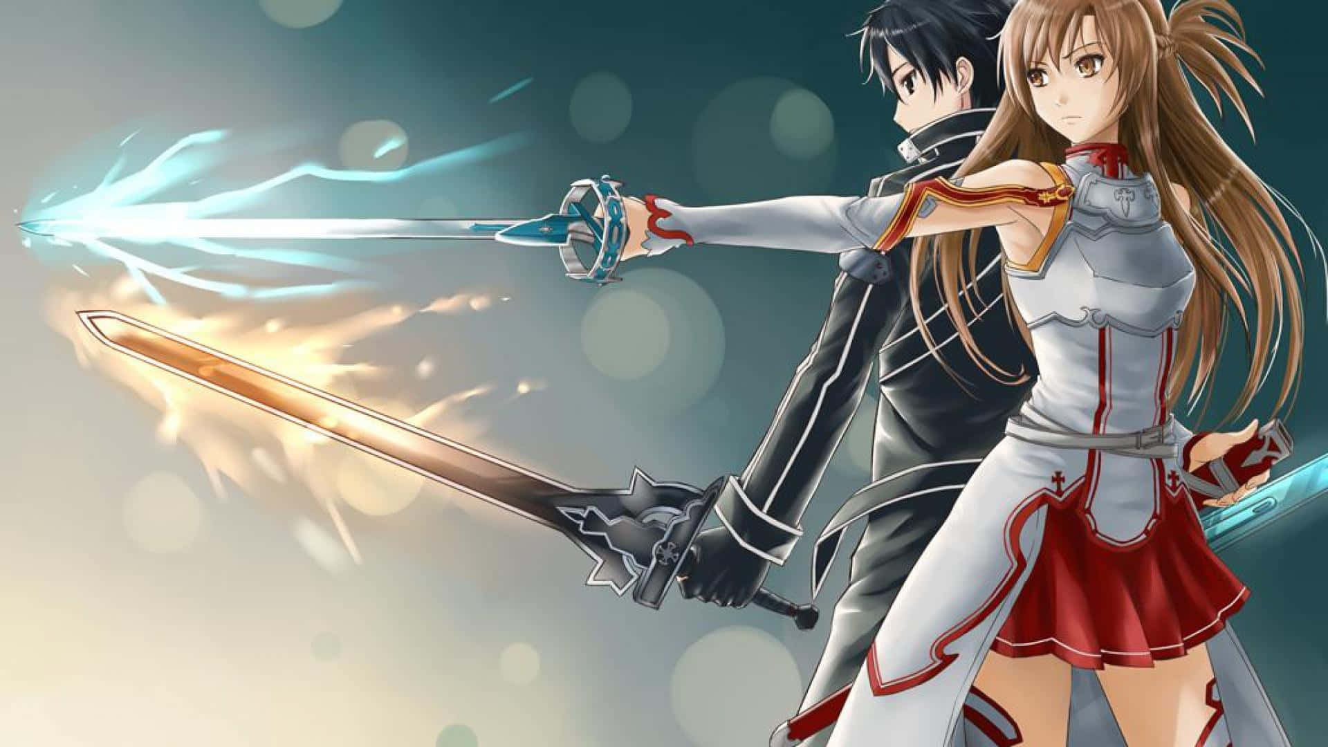 Yuuki Asuna 桌布 壁紙 — 兩位動漫戰士在柔和的散景背景下，用發光的能量劍刃互相碰撞。