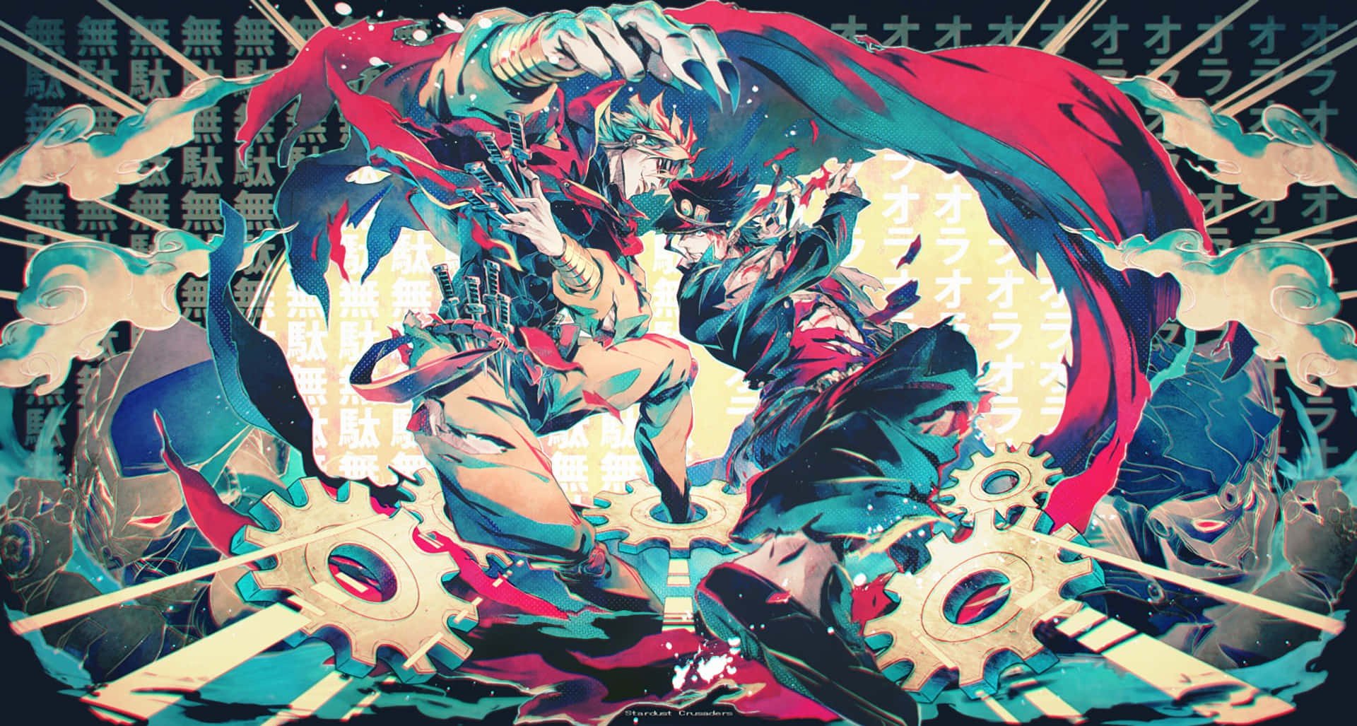 Jojo Stands 桌布 壁紙 — 兩位動漫戰士在浮動齒輪和發光能量中激烈碰撞，呈現動態戰鬥場景。